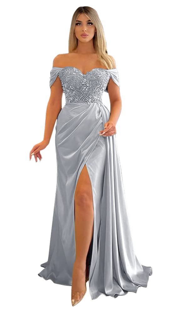 Mermaid Slit Prom Dresses 2024 | Off Shoulder Beaded Bridesmaid Gowns | Women's Formal Evening Party Dresses for Homecoming, Wedding & Special Occasions