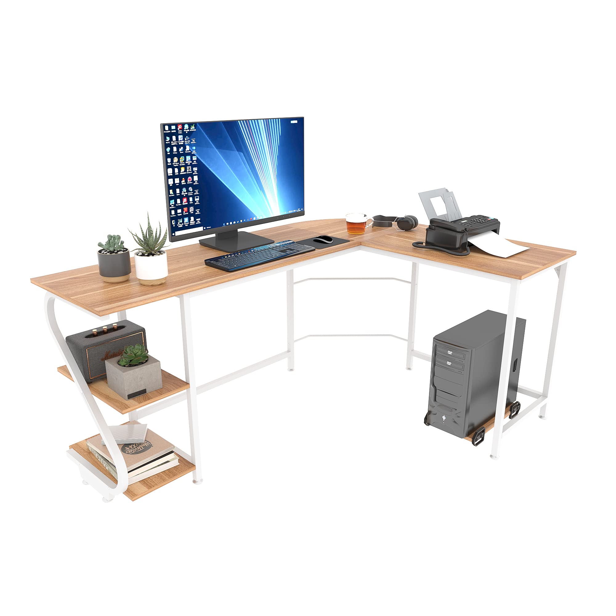 Weehom Reversible L-Shaped Desk with Shelves - Large Corner Computer Desk for Home Office, Writing Workstation - Solid Wood Desk Table in Walnut & White Leg - Perfect for Small Spaces, Gaming Setup & Remote Work
