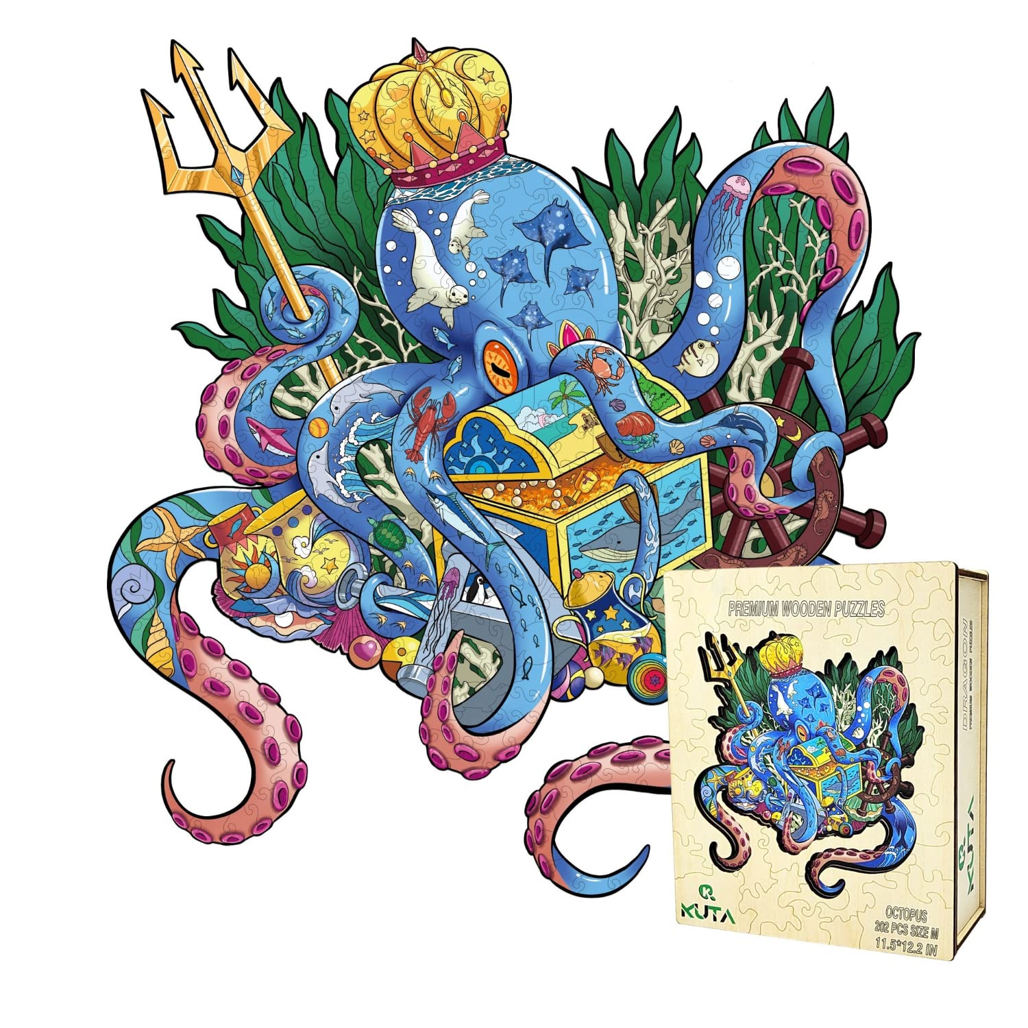 KUTA Wooden Jigsaw Puzzles - Unique Octopus Animal Shape, 202 Piece Wall Art Puzzle with Mounting Kit (11.5x12.2 Inch) - Perfect Educational Gift for Kids & Adults 12+ | Fun Home Decor & Family Game Night Activity