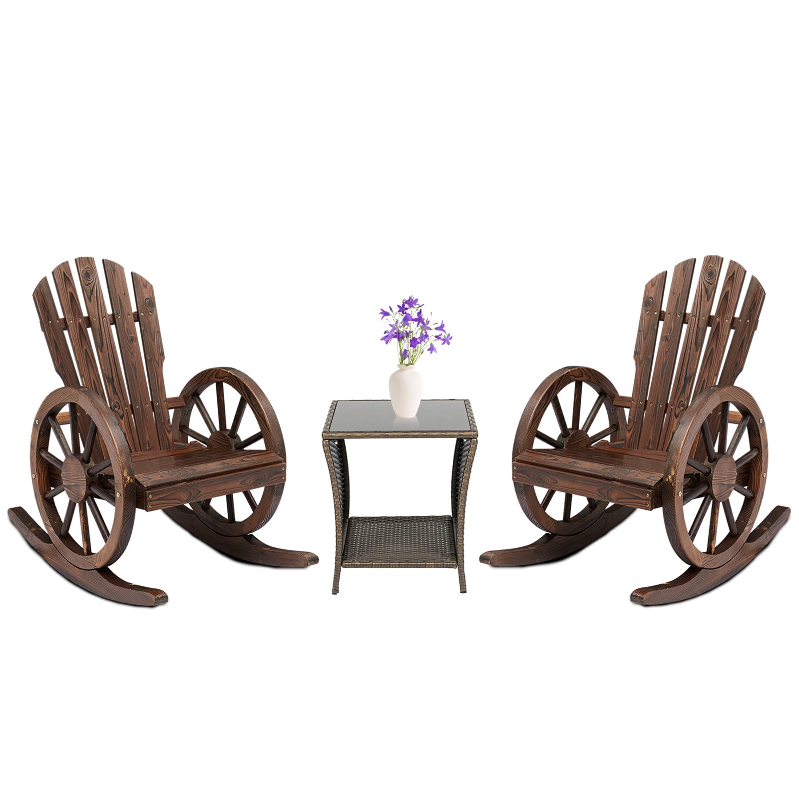 **Kinbor Outdoor Rocking Chairs Set with End Table - High Back Front Porch Furniture, 3-Piece Patio Bistro Set, Rustic Wagon Wheel Design - Perfect for Garden, Deck, and Backyard Relaxation**