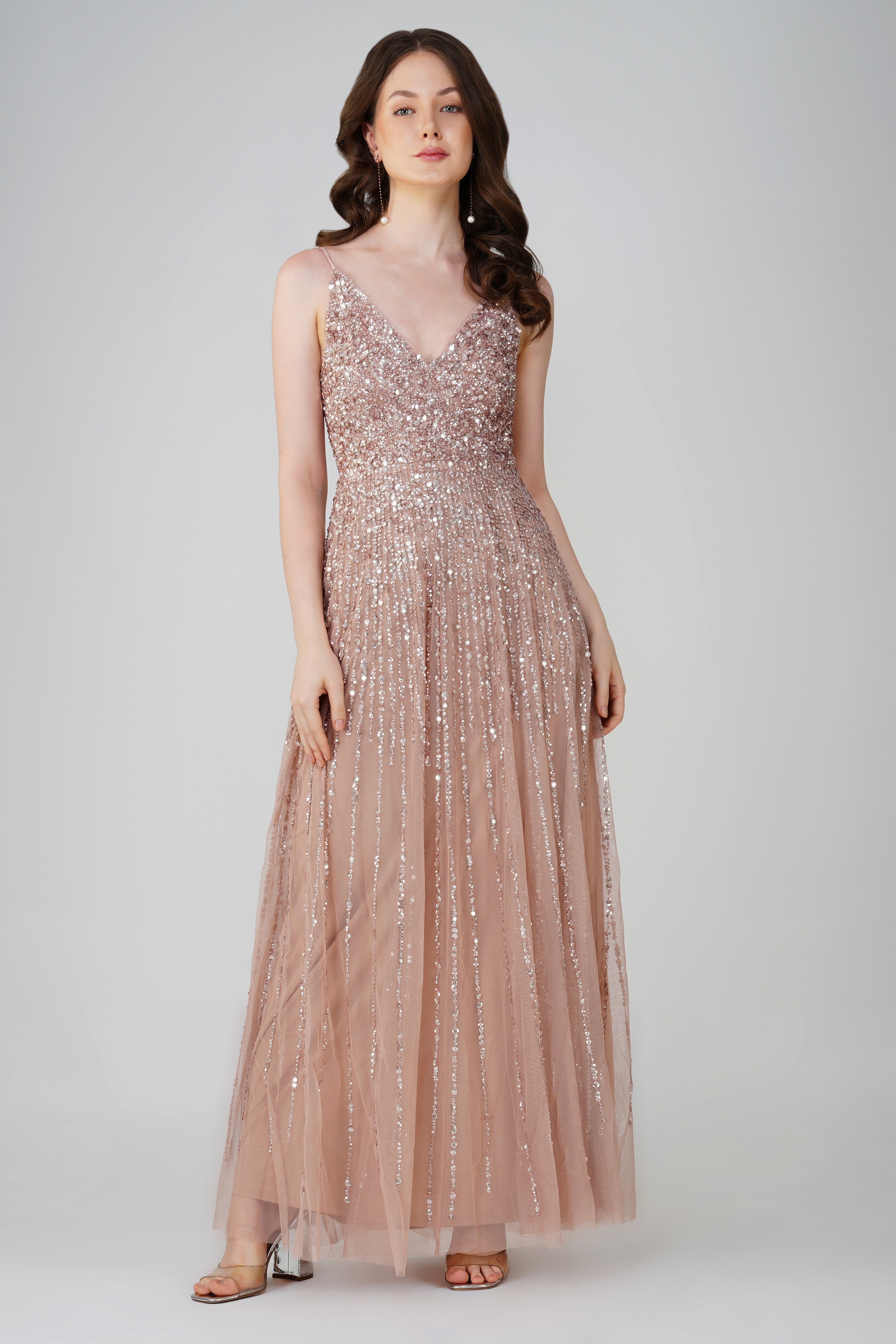 Elegant Legacy Embellished Maxi Dress in Mink - Perfect for Weddings, Parties & Special Occasions