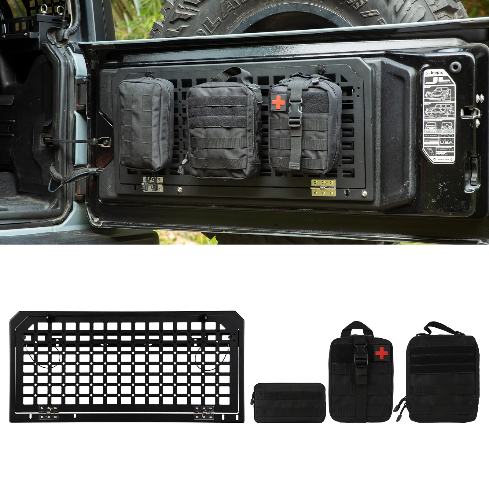 Foldable Tailgate Table with MOLLE Panel & 3 Storage Bags for 2007-2024 Jeep Wrangler JKU/JL/JLU 4-Door - Rear Cargo Organizer for Camping, Off-Road & Outdoor Adventures