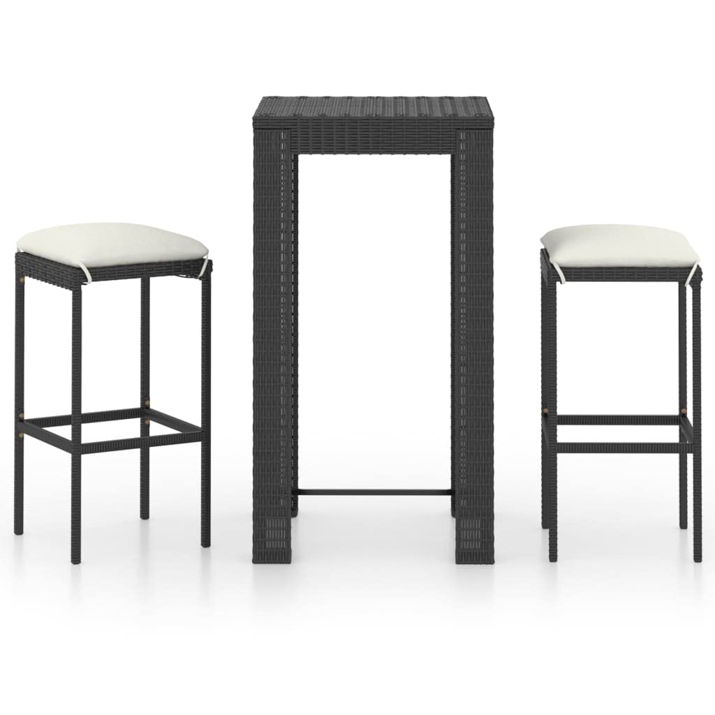 3-Piece Outdoor Rattan Bar Table Set with 2 Stools & Cushions - Black Wicker Patio Furniture for Garden, Backyard, Porch - Perfect for Entertaining & Relaxing Outdoors