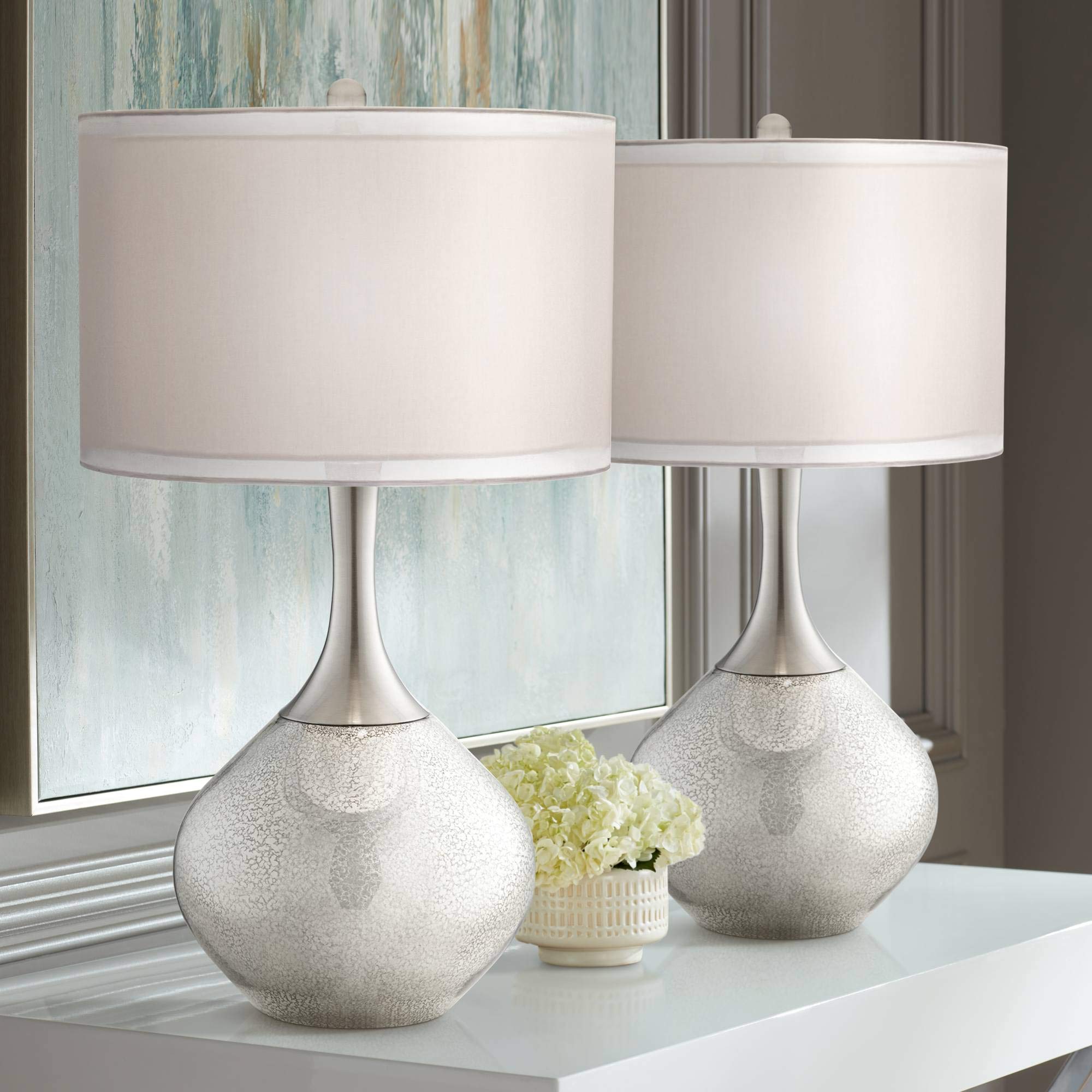 Swift Mid Century Modern Table Lamps - Set of 2 Mercury Glass Chrome Double Sheer Drum Shade - 30.5