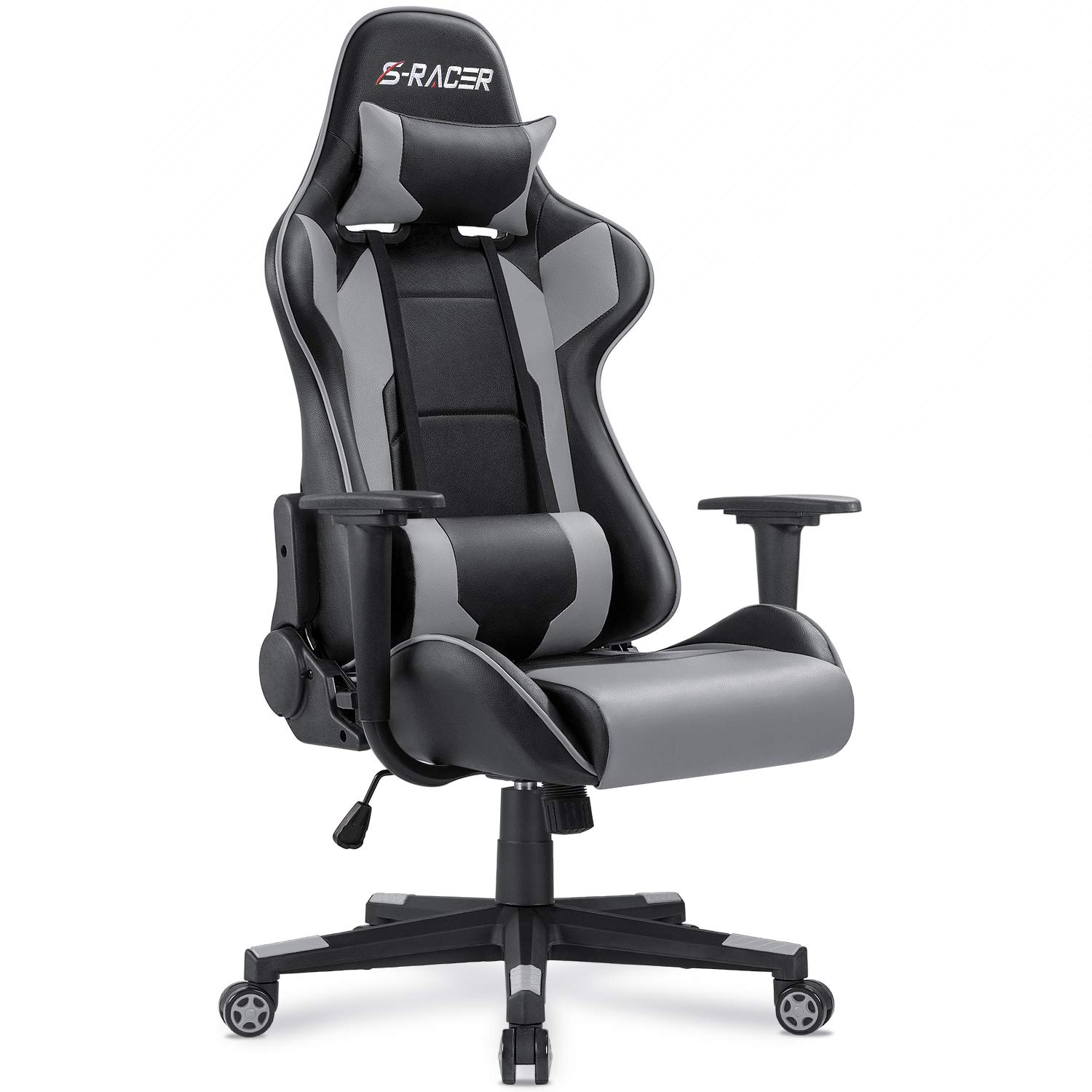 Homall Ergonomic Gaming Chair - High Back Office Chair with Adjustable Headrest & Lumbar Support, Leather Computer Desk Chair for Racing Style Executive Workstation (Grey) - Perfect for Home Office, Gaming Setup & Professional Workspaces