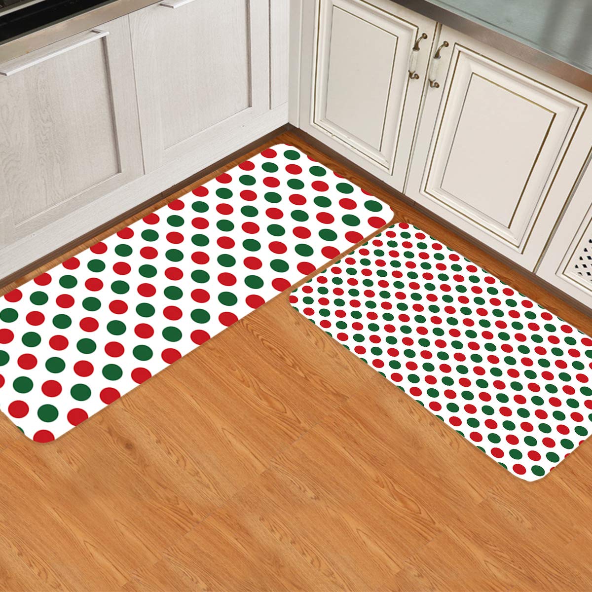 Non-Slip Christmas Kitchen Runner Rugs Set of 2 - Waterproof Floor Mats for Kitchen, Bathroom & Doorway (Green with Red Dots) - Perfect Holiday Decor & Anti-Fatigue Mats for Cooking & Cleaning