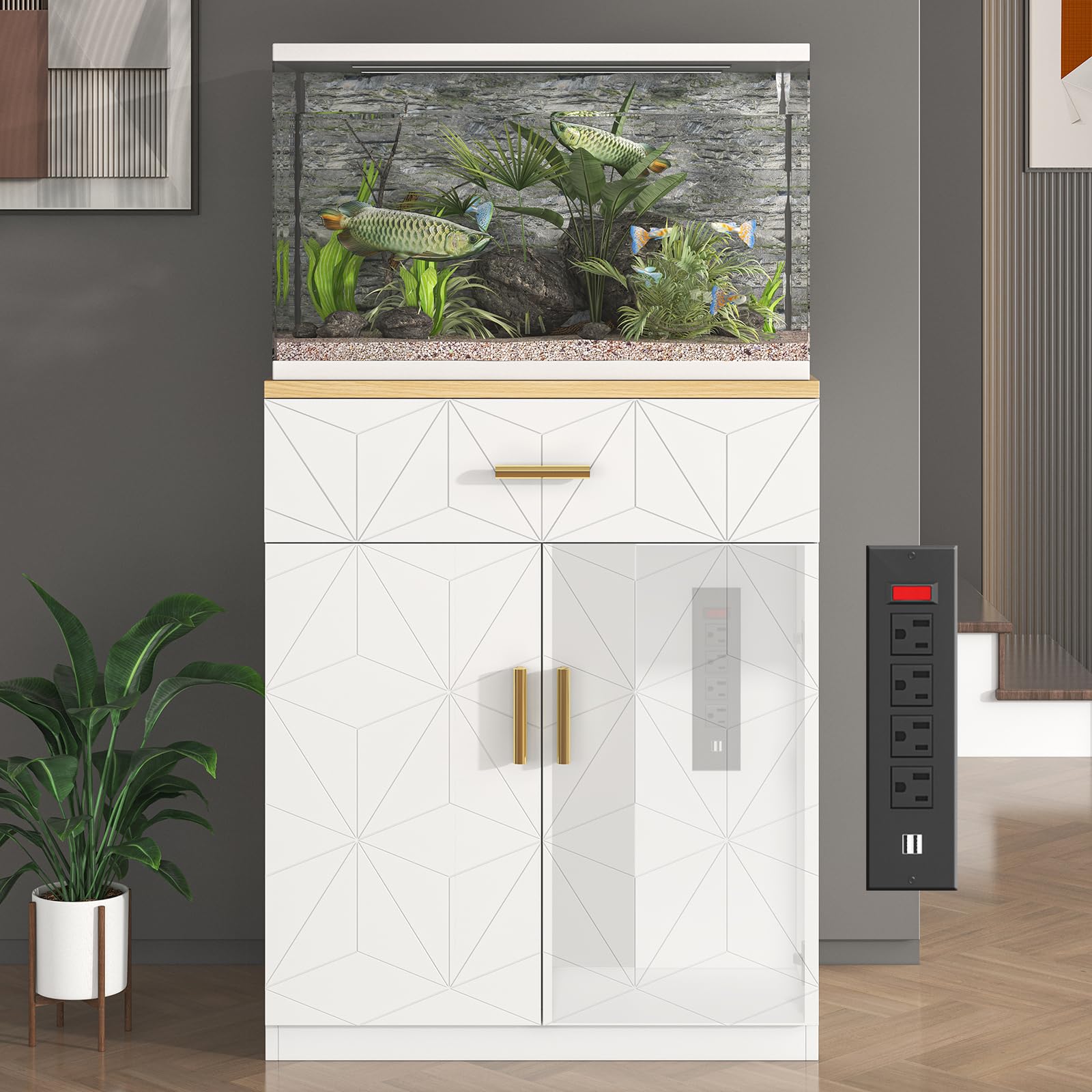 20 Gallon Fish Tank Stand with Charging Station & Storage - White Aquarium Cabinet with Drawer - Sturdy 10 Gallon Tank Table for Living Room, Bedroom or Office Decor