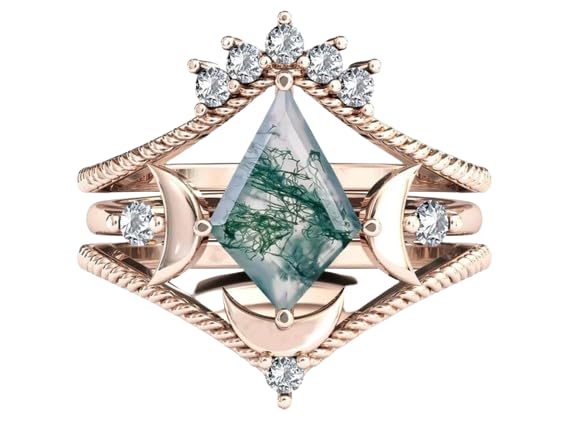 Antique Art Deco Moss Agate Engagement Ring Set – Vintage Kite Cut Wedding Band for Women | Unique Bridal Promise Rings for Romantic Proposals & Anniversary Gifts