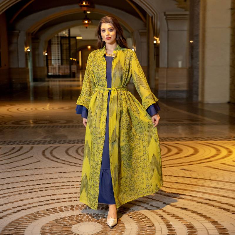 2 Piece Women's Ruffle Sleeve Open Abaya Kaftan Dress Set with Inner Sleeveless Dress - Elegant Muslim Fashion for Prayer, Homewear, and Special Occasions