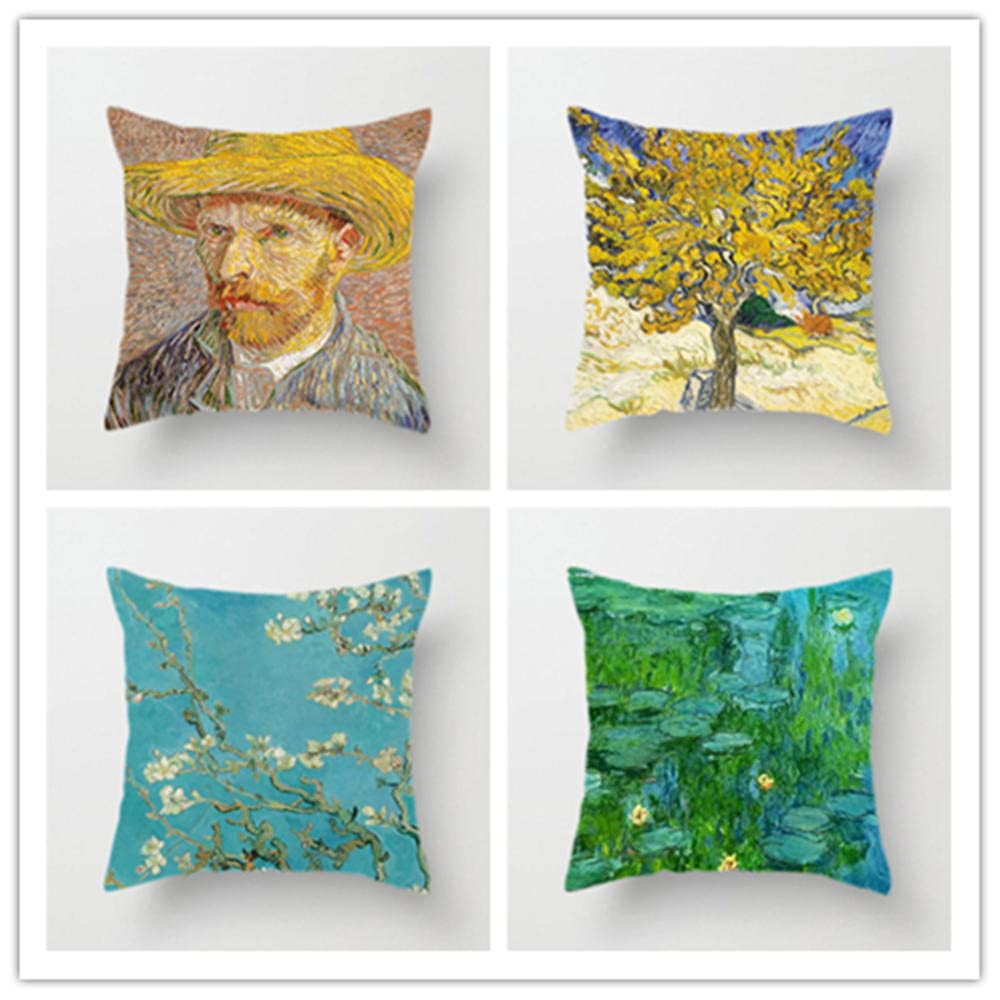 Van Gogh Art Throw Pillow Covers Set of 4 - 16x16 Inch Square Cotton Linen Cushion Covers for Sofa, Couch & Bed Decor - Perfect for Living Room, Bedroom & Home Styling