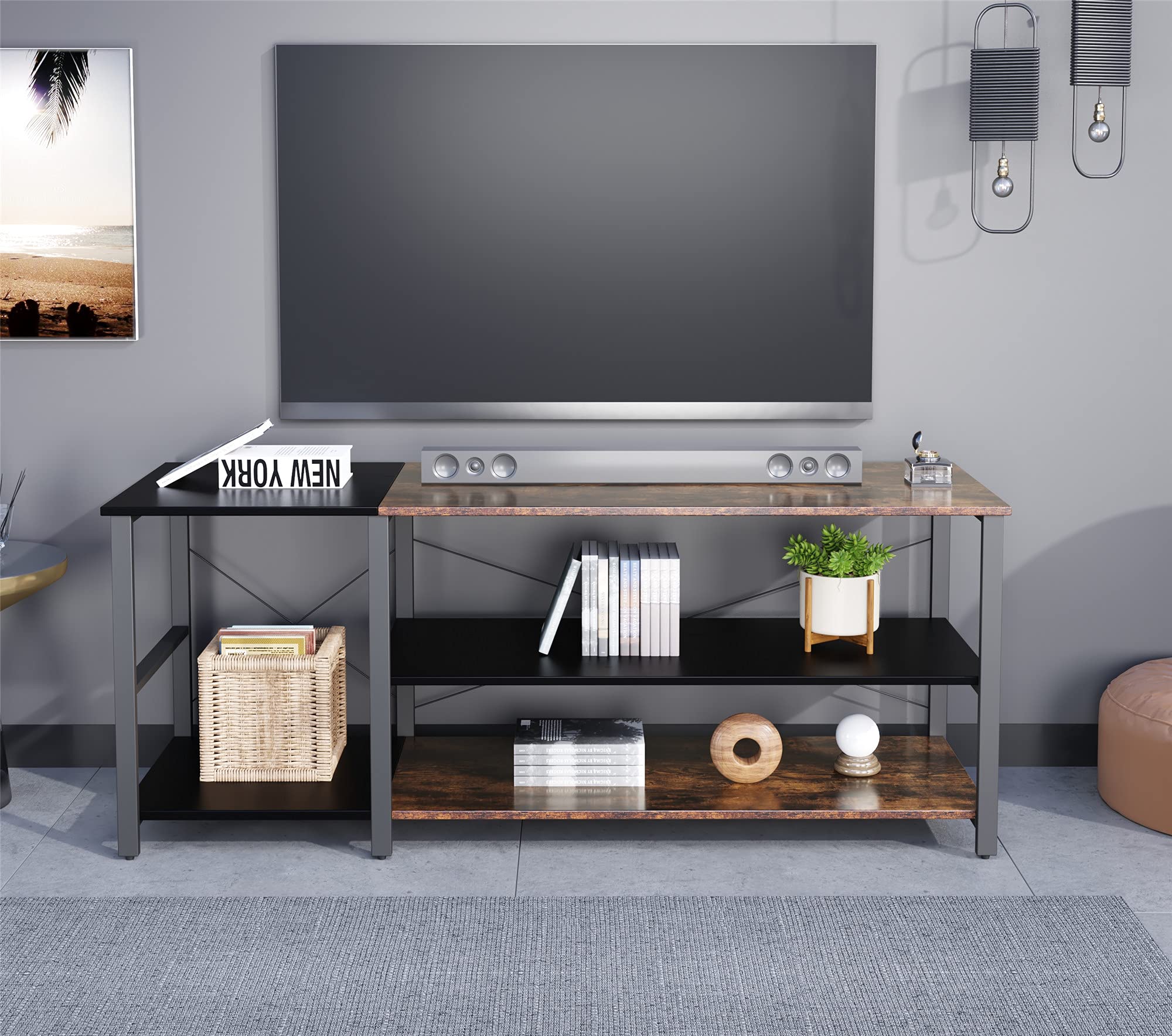 Rustic 3-Tier TV Console Table with Storage Shelves - Classic Wood & Black Metal Frame Entryway Table for Living Room, Bedroom | Perfect for Organizing Electronics, Displaying Decor & Creating Cozy Home Atmosphere