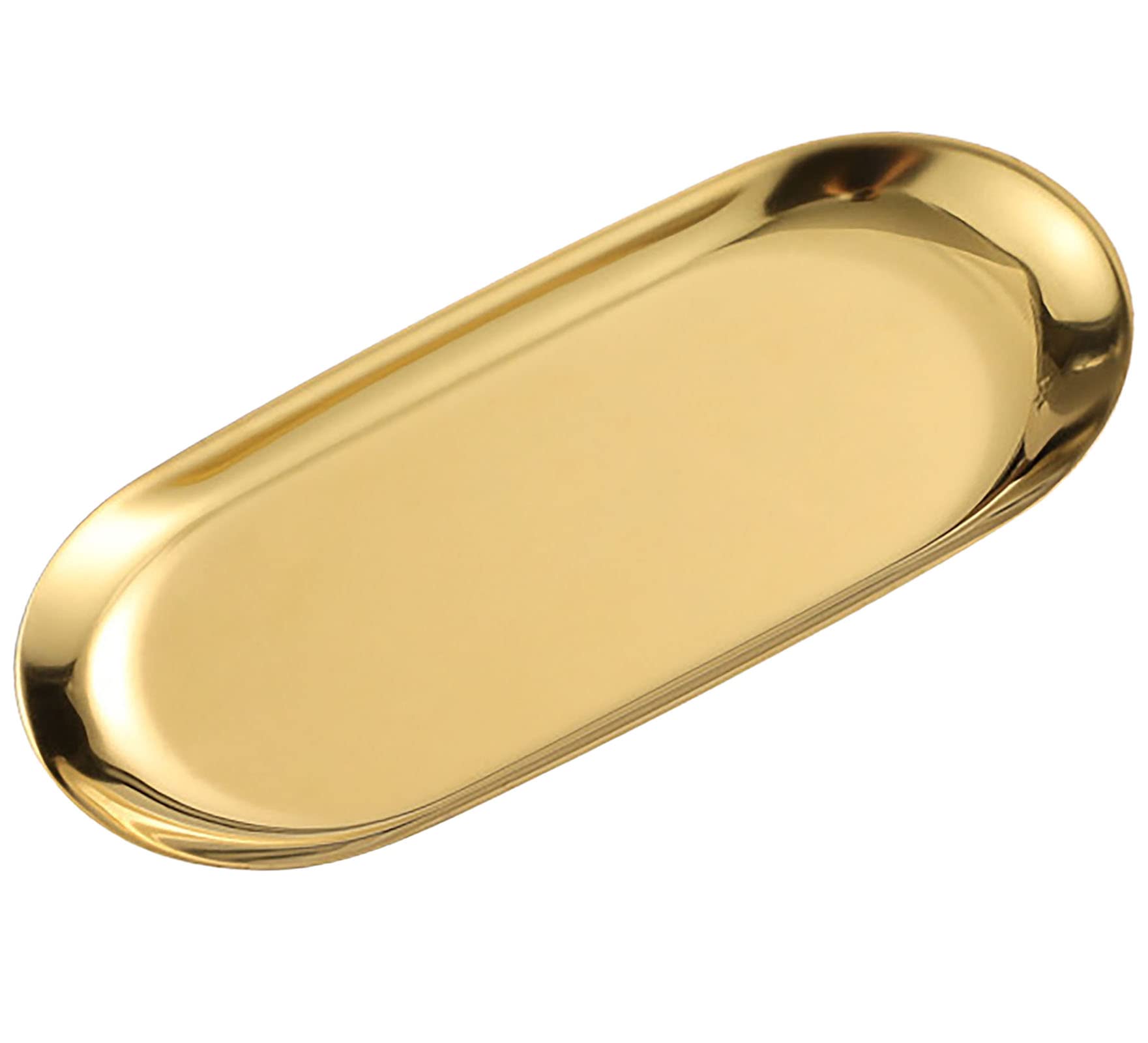 1 Pcs Gold Trinket Tray - Oval Stainless Steel Decorative Serving Dish for Jewelry, Cosmetics, Tea & Fruit - Small Storage Plate for Vanity, Bathroom & Kitchen (9 x 3.8 Inch) - Perfect for Organizing Rings, Earrings, Keys & Makeup Brushes