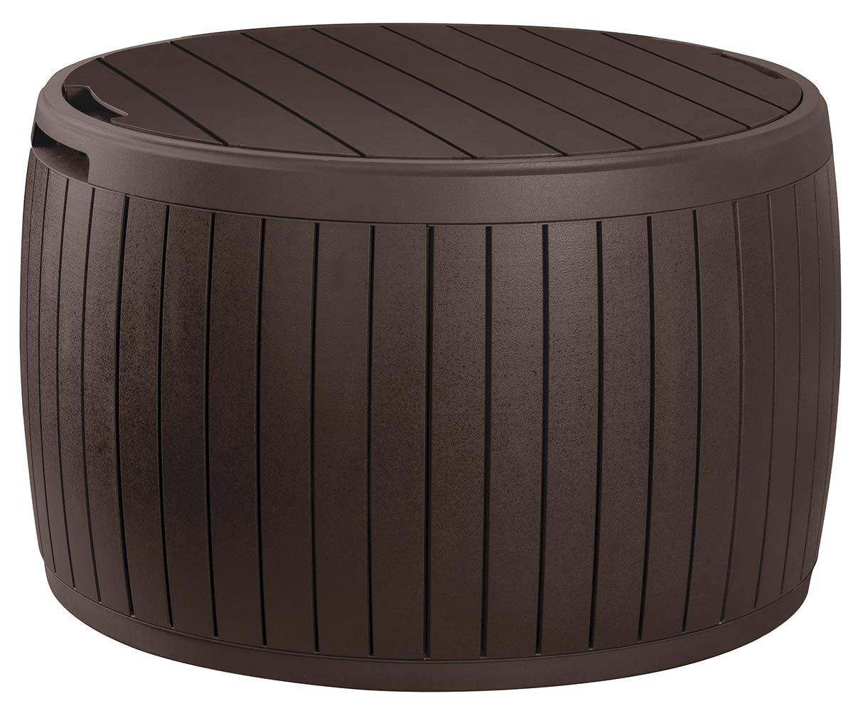 Keter Circa 37 Gallon Round Deck Box - Outdoor Storage Container & Patio Table for Cushions, Garden Tools, Pool Toys | Weather-Resistant Deck Box for Backyard, Patio, and Poolside Organization
