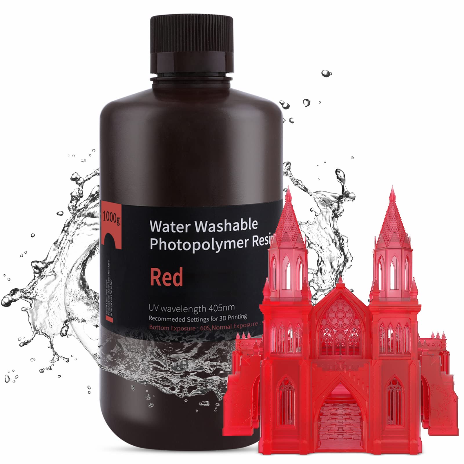 ELEGOO Water Washable 3D Printer Resin - 405nm Fast Curing UV Photopolymer Resin for LCD/MSLA/DLP Printers | High Precision, Easy Clean | Clear Red 1000g | Ideal for Miniatures, Jewelry & Prototyping