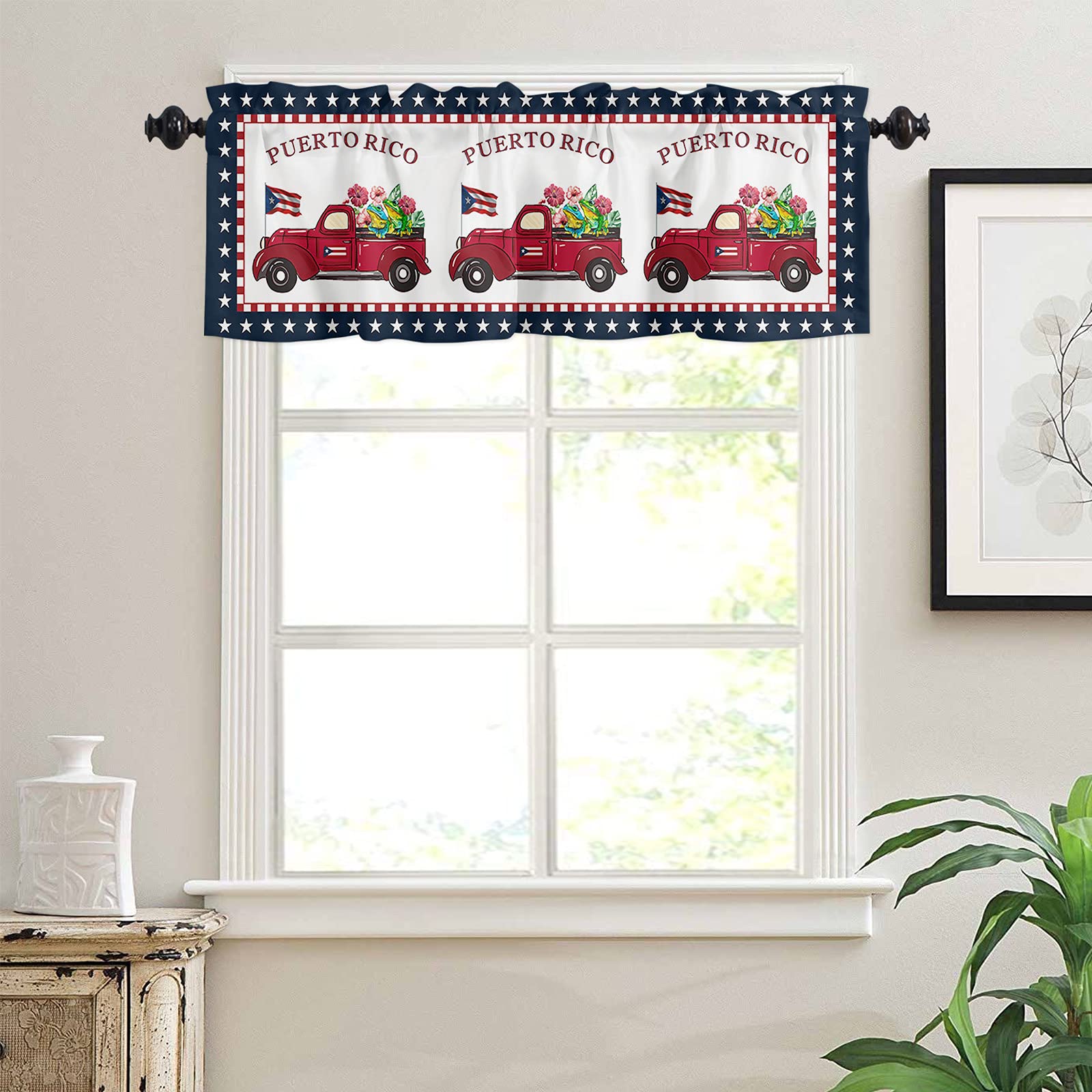 Blue Star Border Valance Curtains - Rod Pocket Window Valance for Living Room, Bedroom, Bathroom & Kitchen - 54x18 Inch Single Panel Window Treatment - Perfect for Small Windows & Home Decor