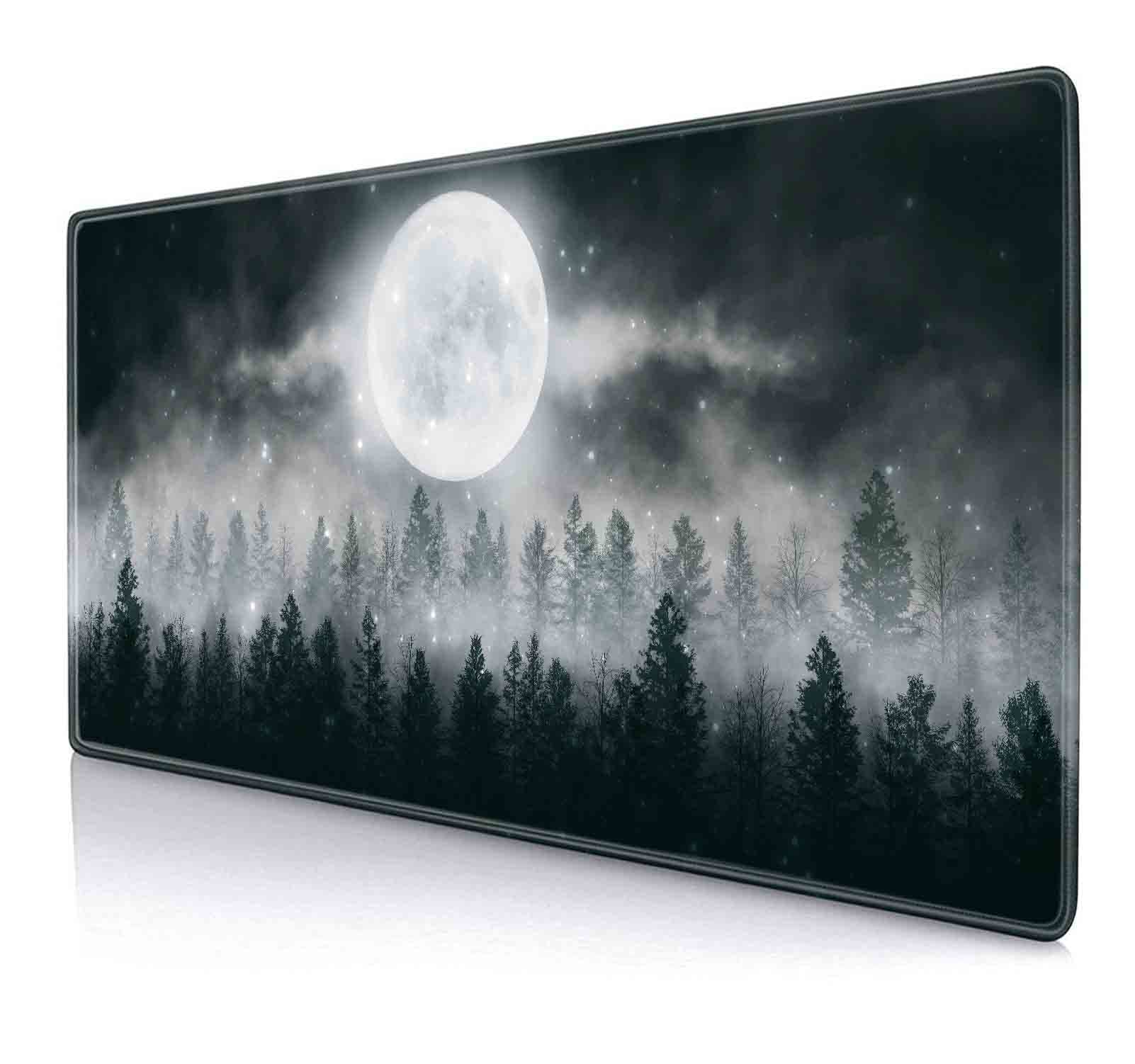 Full Moon Snow Fog Mouse Pad - Extra Large Dark Misty Forest Design, Non-Slip Rubber Base XXL Gaming Mouse Mat for Full Desk - Perfect for PC Gaming, Office Work & Home Computer Setup