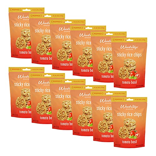 Woodridge Snacks Sticky Rice Chips - Tomato Basil Flavor, 12 Pack (2.8oz/80g per Bag) | Gluten-Free Asian Snacks for Parties, Travel & Healthy On-the-Go Eating