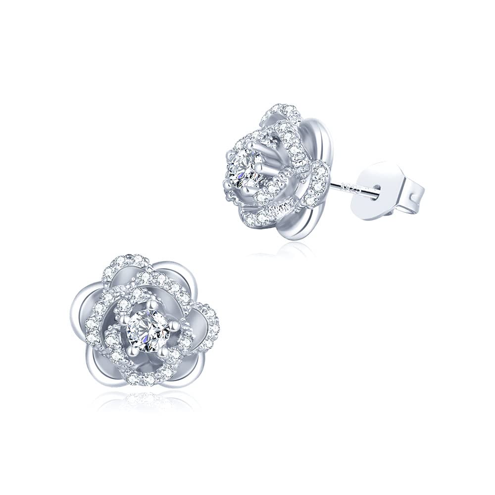 YOMIBOOM 925 Sterling Silver Rose Sky Round Flower Cubic Zirconia Stud Earrings for Women - 14K Gold Plated (White/Gold/Rose Gold) | Hypoallergenic, Nickel Free | Perfect Gift for Birthday, Anniversary & Everyday Elegance