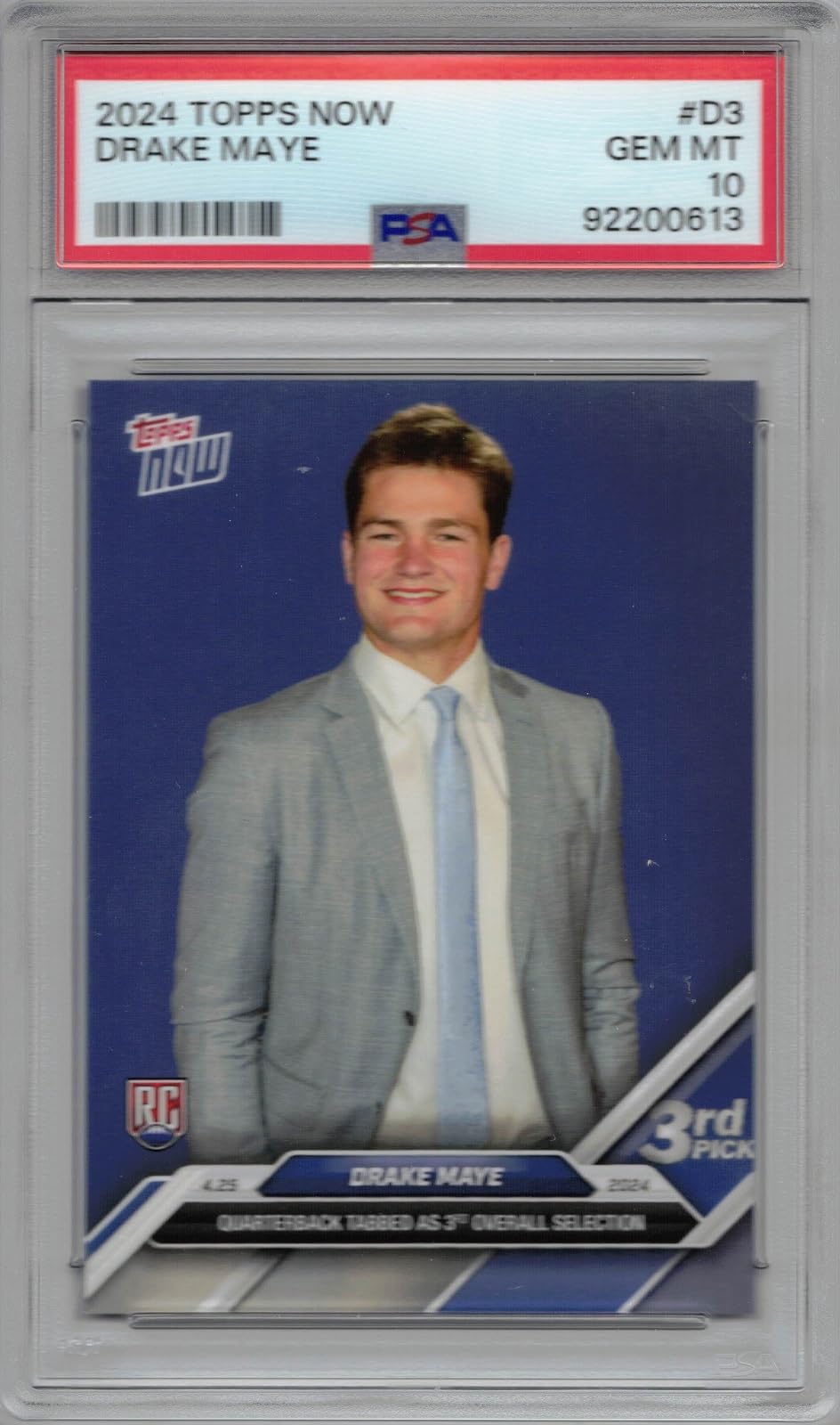2024 Topps Now Football #D-3 Drake Maye Rookie Card PSA 10 Gem Mint - Collectible Trading Card for Sports Fans & Memorabilia Collectors - Perfect for Display, Investment, and Fantasy Football Enthusiasts
