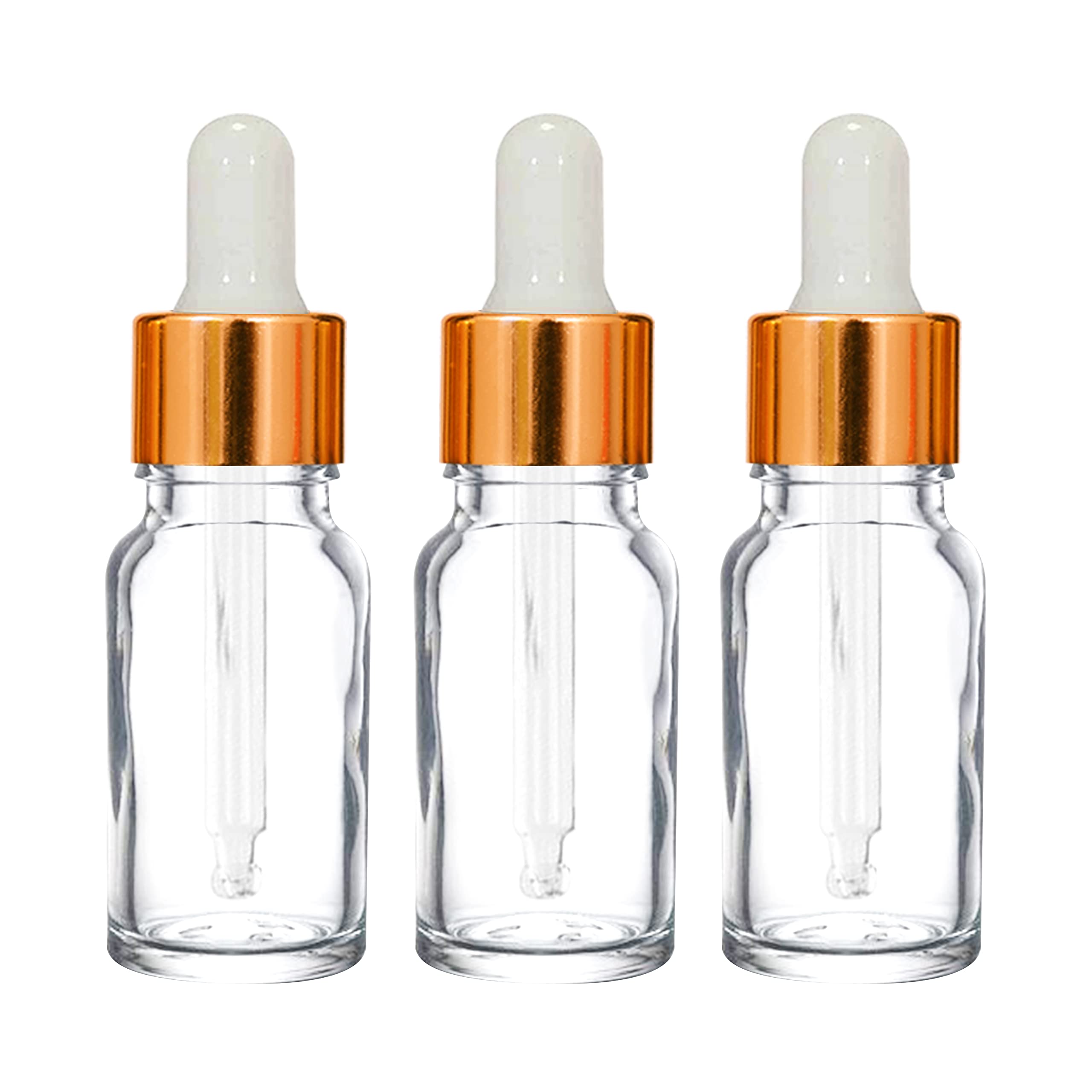 NSB Herbals 10ml Clear Round Empty Glass Bottle with Glass Dropper & Golden Ring - Refillable Essential Oil Perfume Bottles with White Silicone Teat (Pack of 3) for Aromatherapy, DIY Beauty, Travel Size Liquids