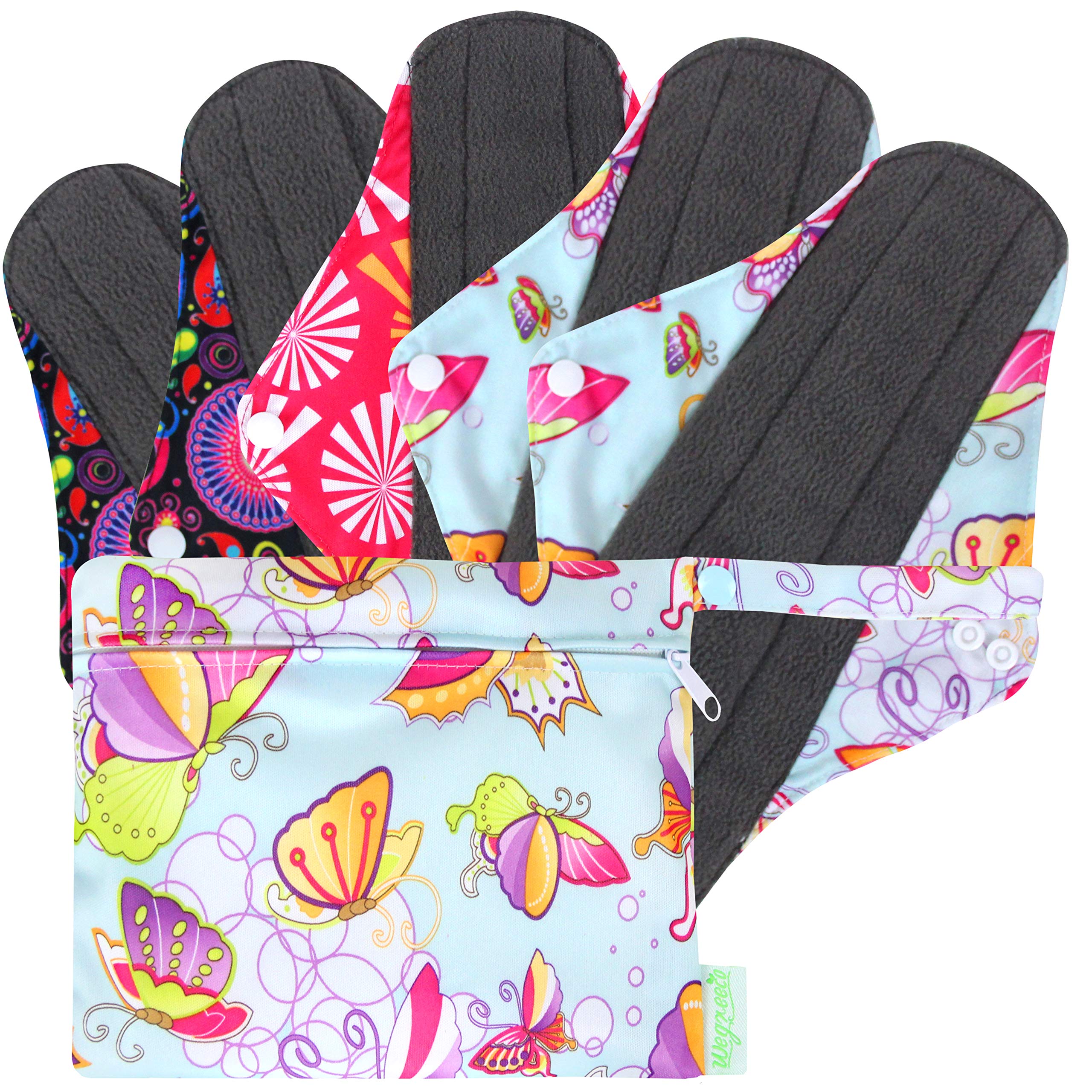 Eco-Friendly Bamboo Charcoal Reusable Menstrual Pads for Women - Soft Washable Sanitary Pads & Panty Liners Set (5-Pack with Mini Wet Bag) | Natural Period Protection for Active Lifestyle, Travel & Zero Waste Living
