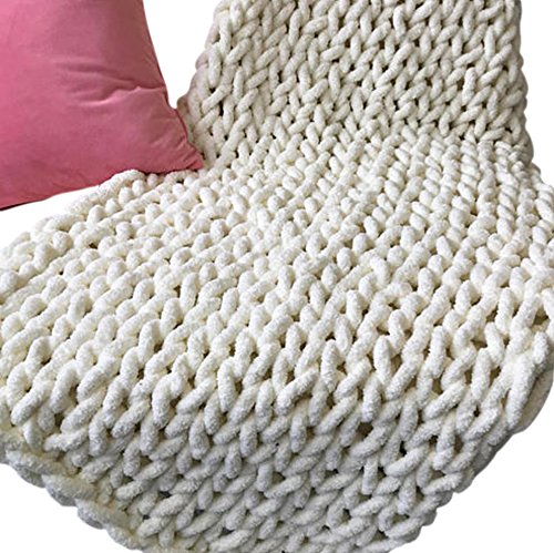 Super Chunky Knit Blanket - Chenille Throw in Cream White (40x79 Inches) | Ultra Soft & Cozy Crocheted Blanket for Sofa, Bed & Home Decor | Perfect for Winter, Gifts & Cozy Nights