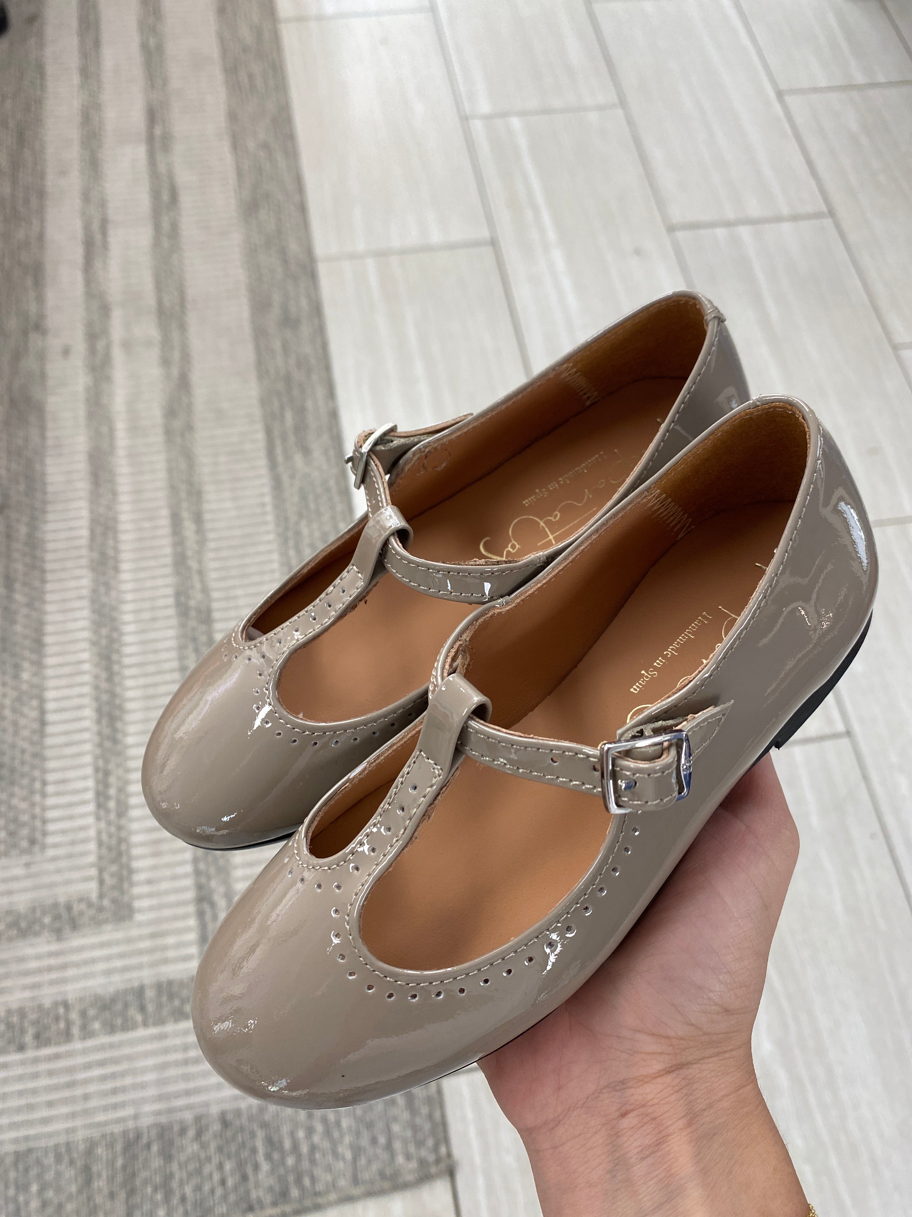 Stylish Taupe Patent Leather T-Strap Mary Jane Shoes for Women | Comfortable & Elegant Flats | Perfect for Office, Parties & Casual Wear