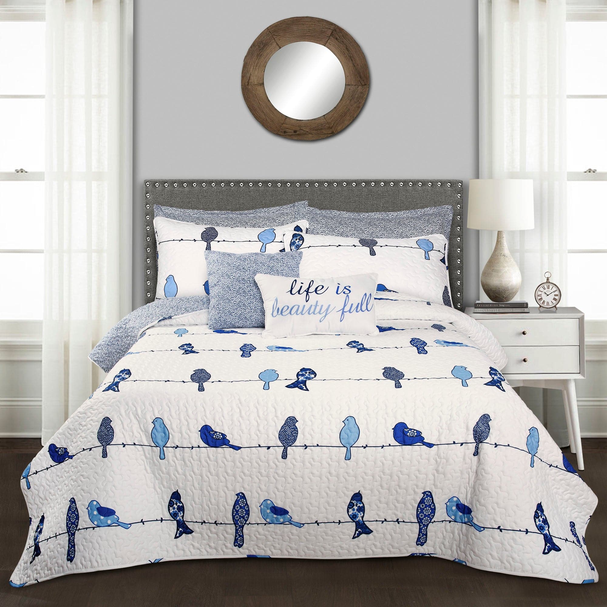 Rowley Birds Quilt 7-Piece Bedding Set - Soft Floral Printed Comforter with Matching Pillow Shams - Perfect for Guest Rooms, Master Bedrooms & Cozy Home Decor