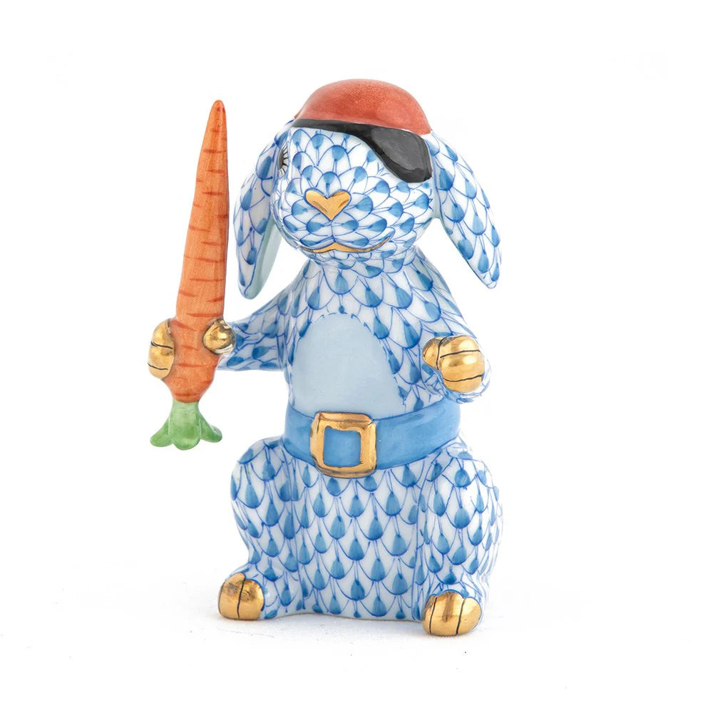 Herend Blue Pirate Bunny Figurine - Hand-Painted Porcelain Collectible for Home Decor, Gift, and Easter Display