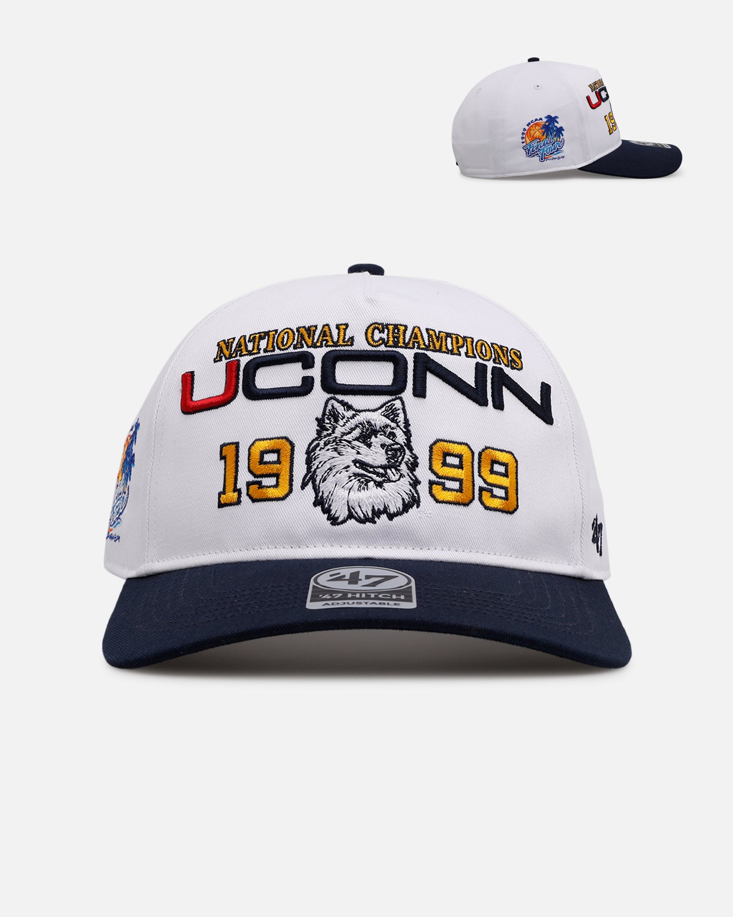 47 Brand UCONN 1999 March Madness Snapback Hat - White and Navy Adjustable Baseball Cap for Men and Women - Perfect for Basketball Games, Sports Events and Casual Wear
