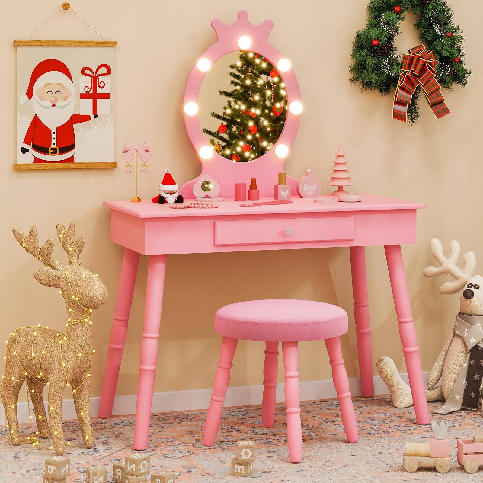 Costzon Kids Vanity Set with Mirror, Stool & LED Lights - 2-in-1 Wooden Makeup Dressing Table with Drawers for Girls - Pretend Play Vanity Desk & Chair Set (Pink) - Perfect for Birthday Gifts, Bedroom Decor & Role Play Activities