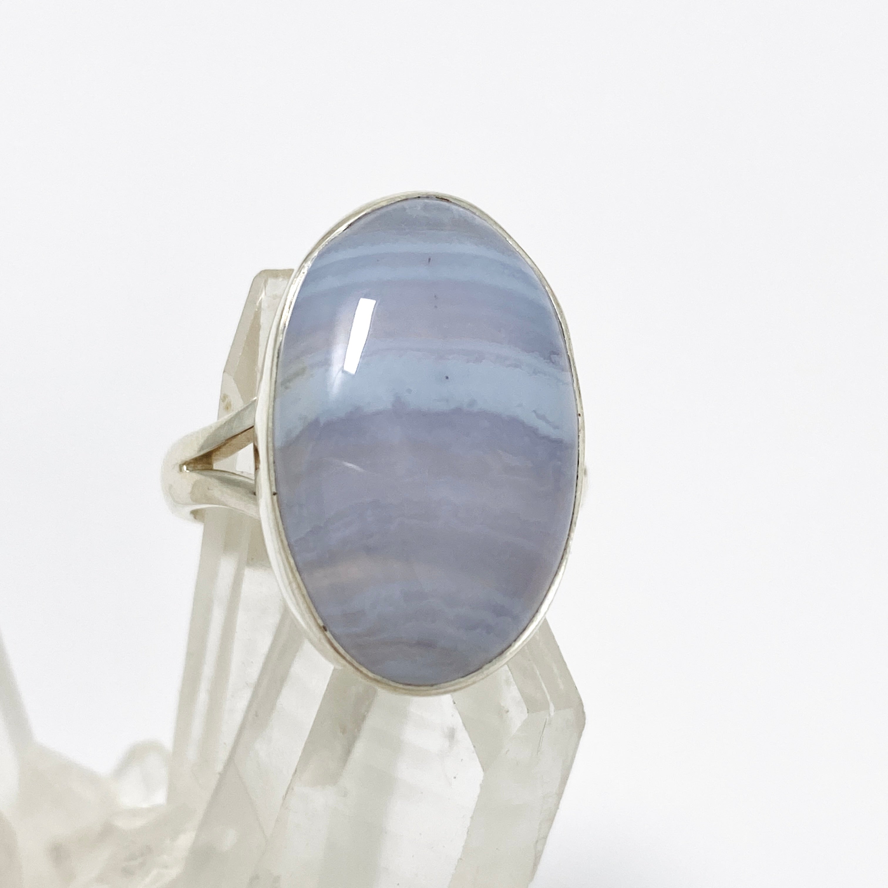Blue Lace Agate Oval Cabochon Ring - Size 8 - KRGJ3377 - Elegant Handmade Jewelry for Women, Perfect for Weddings, Parties & Everyday Wear