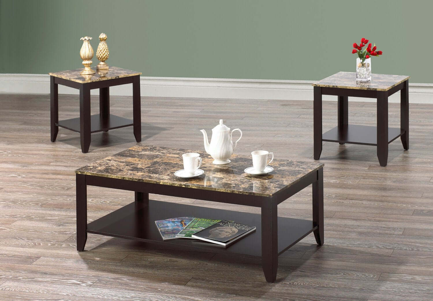 3-Piece Faux Marble Coffee Table Set with Lower Storage Shelf - Modern Living Room Furniture for Small Spaces, Home Decor & Entertaining