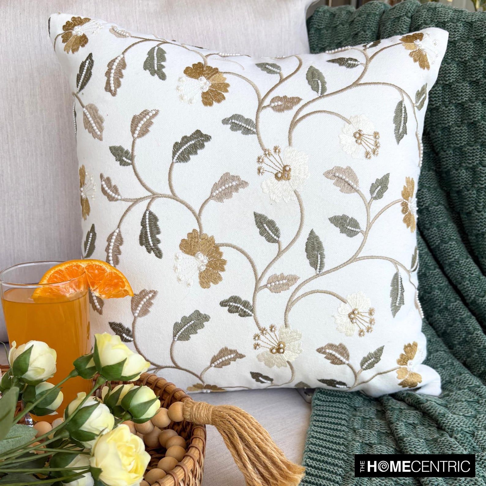 Amber Bloom White Cotton Throw Pillow Cover - Soft Decorative Cushion Case for Sofa, Bed, Living Room & Home Decor