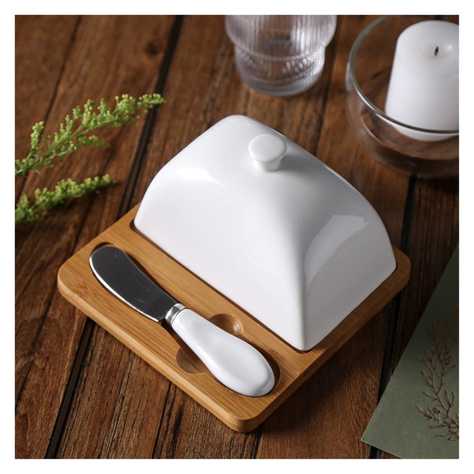 Ceramic Butter Dish Set with Lid and Knife - Western Style Butter Keeper & Cheese Storage Container for Kitchen, Dining Table, and Breakfast Serving