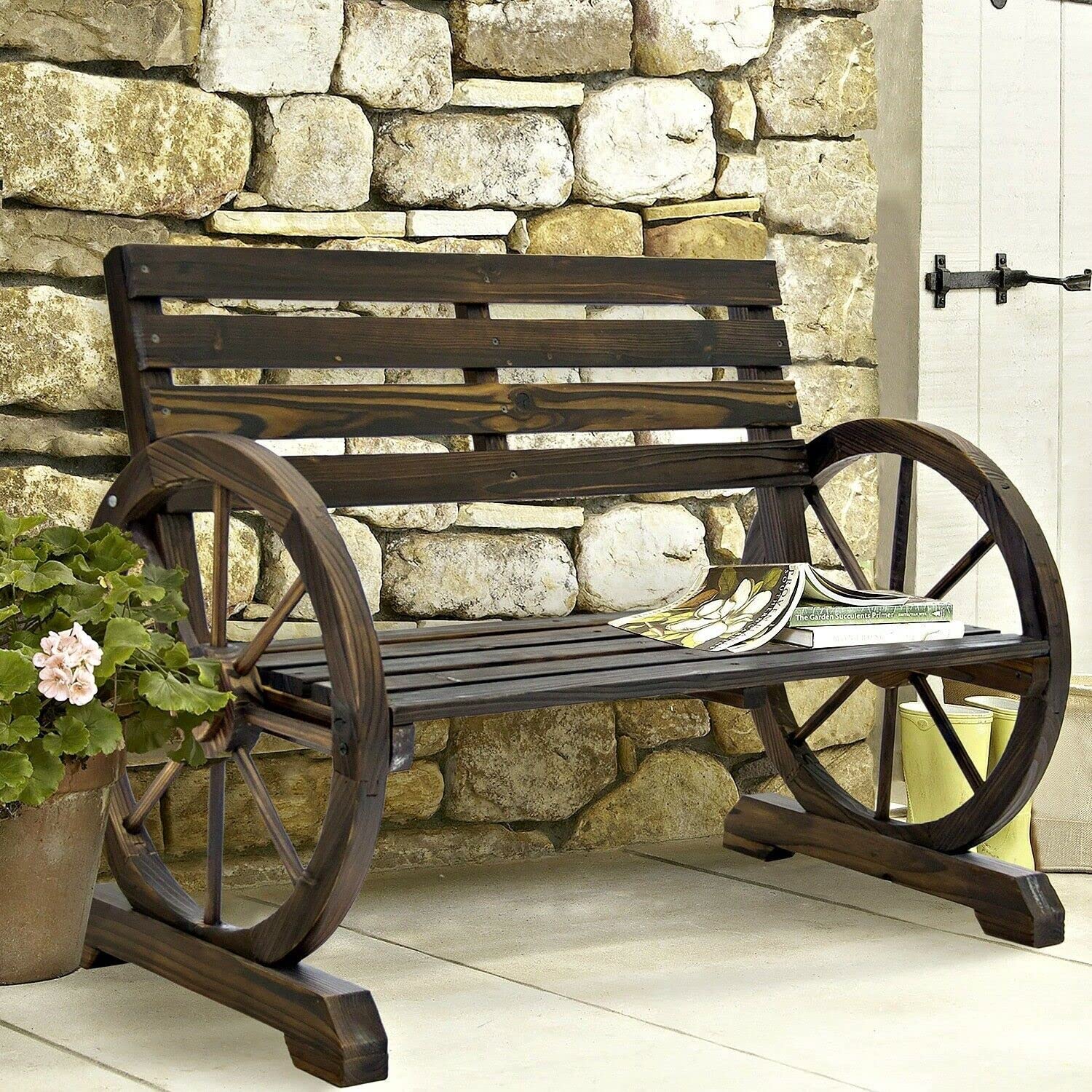 Rustic Wooden Wagon Wheel Garden Bench - Outdoor Patio Furniture for Garden, Porch & Entranceway - Decorative Farmhouse Style Seating for Backyard, Lawn & Landscape Decor