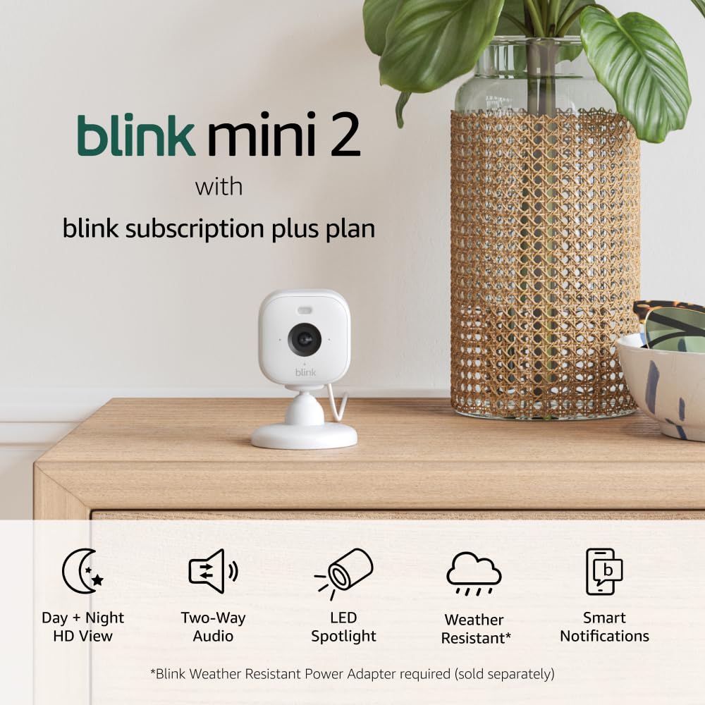 Blink Mini 2 Plug-in Smart Security Camera (2-Pack, White) - HD Night Vision with Color, Built-in Spotlight & Motion Detection - Works with Alexa - Includes 1-Year Blink Plus Subscription - Perfect for Home Security & Baby Monitoring