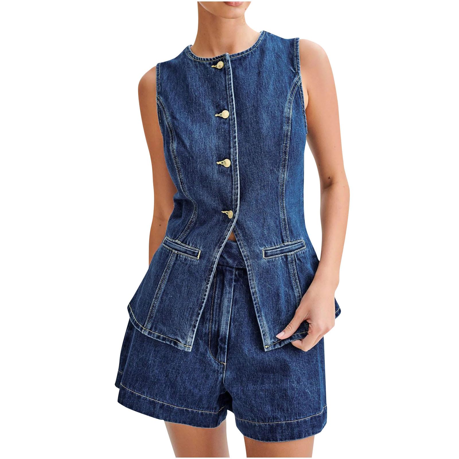 Women's Denim 2 Piece Set - Sleeveless Button Down Jean Vest & Shorts Outfit | Casual Summer Tracksuit for Beach, Streetwear & Outdoor Activities