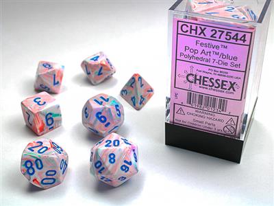 Festive Polyhedral Pop Art Blue 7-Piece Dice Set - Perfect for Tabletop RPGs, Board Games, and Collectors