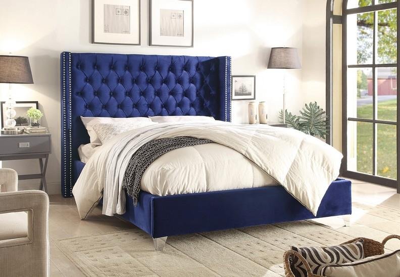 Blue Velvet Upholstered Bed with Nailhead Trim and Wingback Design - Luxurious Queen Size Bedroom Furniture for Master Suite or Guest Room