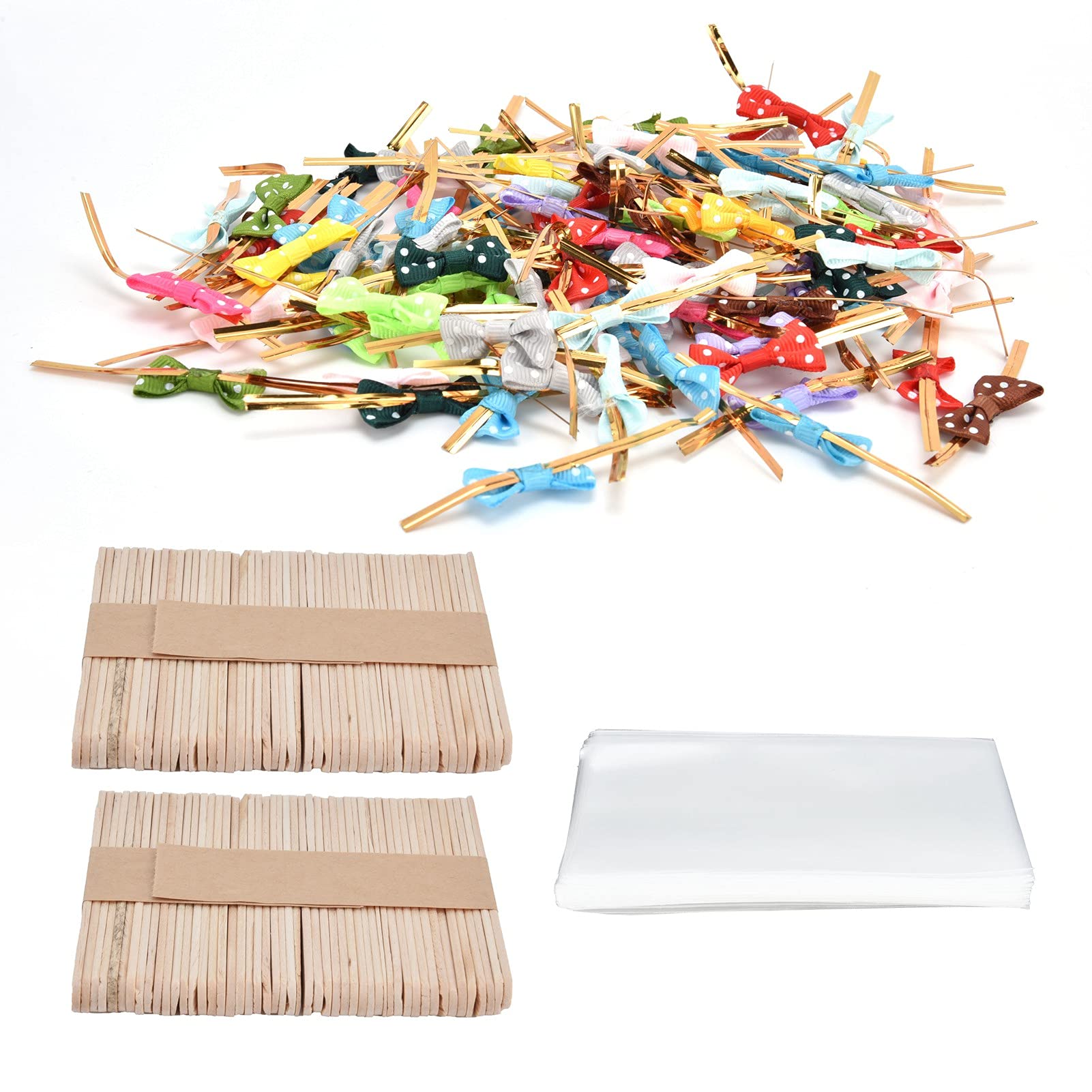 100-Piece PVC Lollipop Treat Bags with Bowknot Ties & Wood Sticks - Chocolate Candy Biscuit Making Kit for Weddings, Parties & Bakery Shops - Perfect for DIY Desserts, Candy Buffets & Gift Packaging (3#)