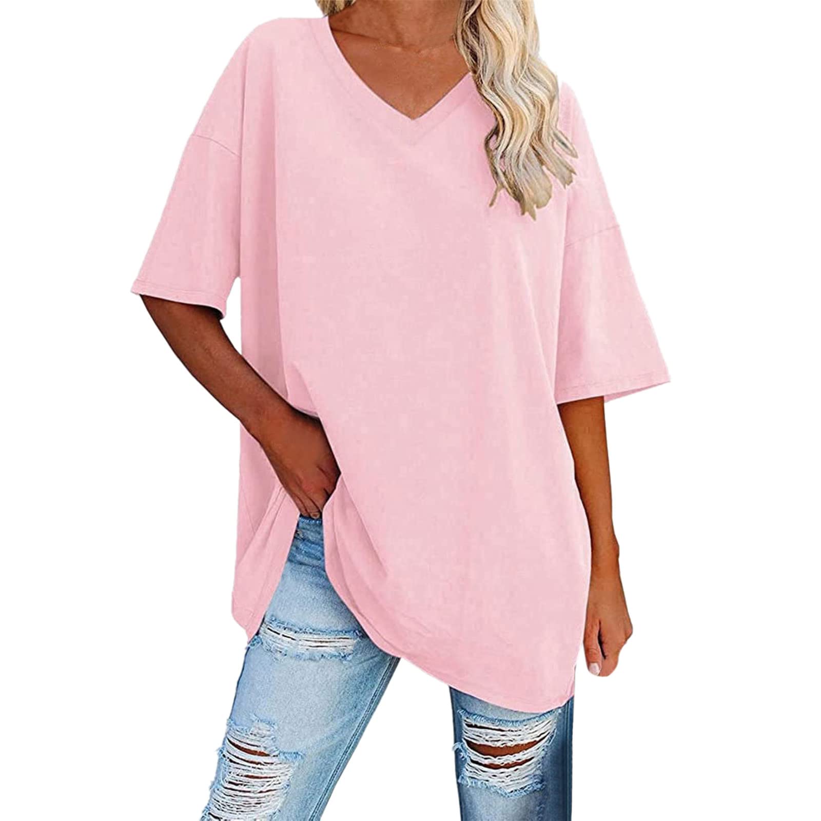 Women's Oversized Summer Half Sleeve T-Shirt - Striped Sleeves, Crew Neck, Color Block Design, Loose Fit Tunic Top (2-Pack, Pink, XL) | Casual Wear, Beach Outfits, Street Style Fashion