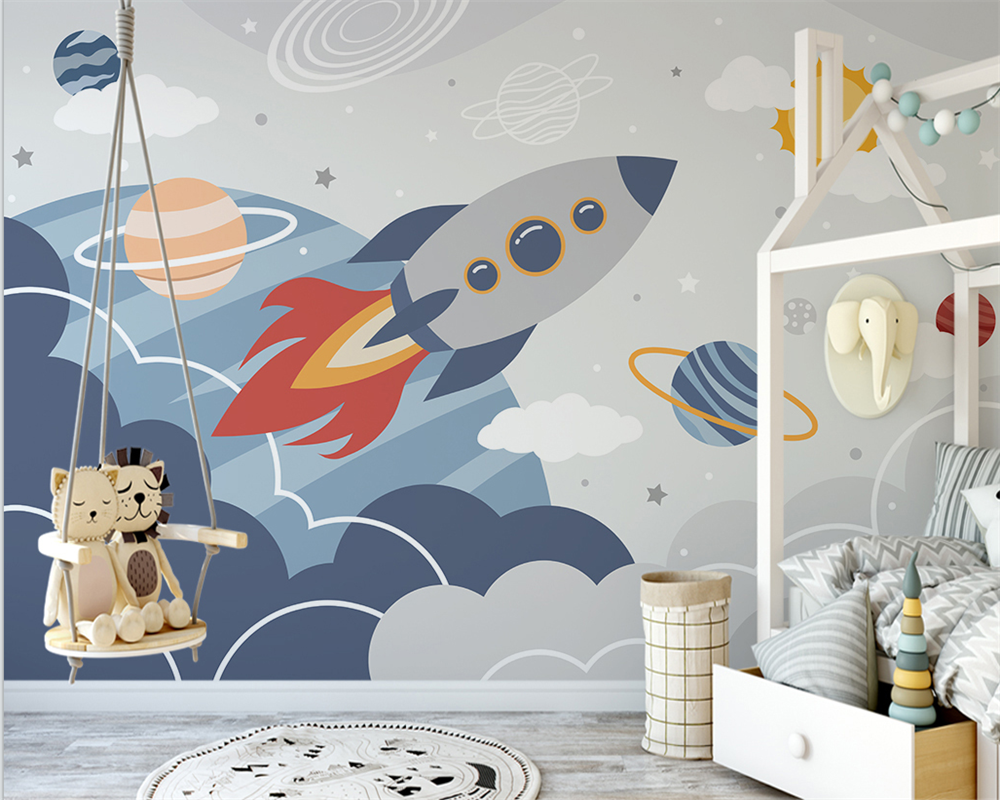 Rocket to Space over Earth Nursery Wallpaper - Kids Room Decor, Space Themed Wall Mural for Boys & Girls Bedroom - Perfect for Baby Nursery, Playroom, and Classroom Decor