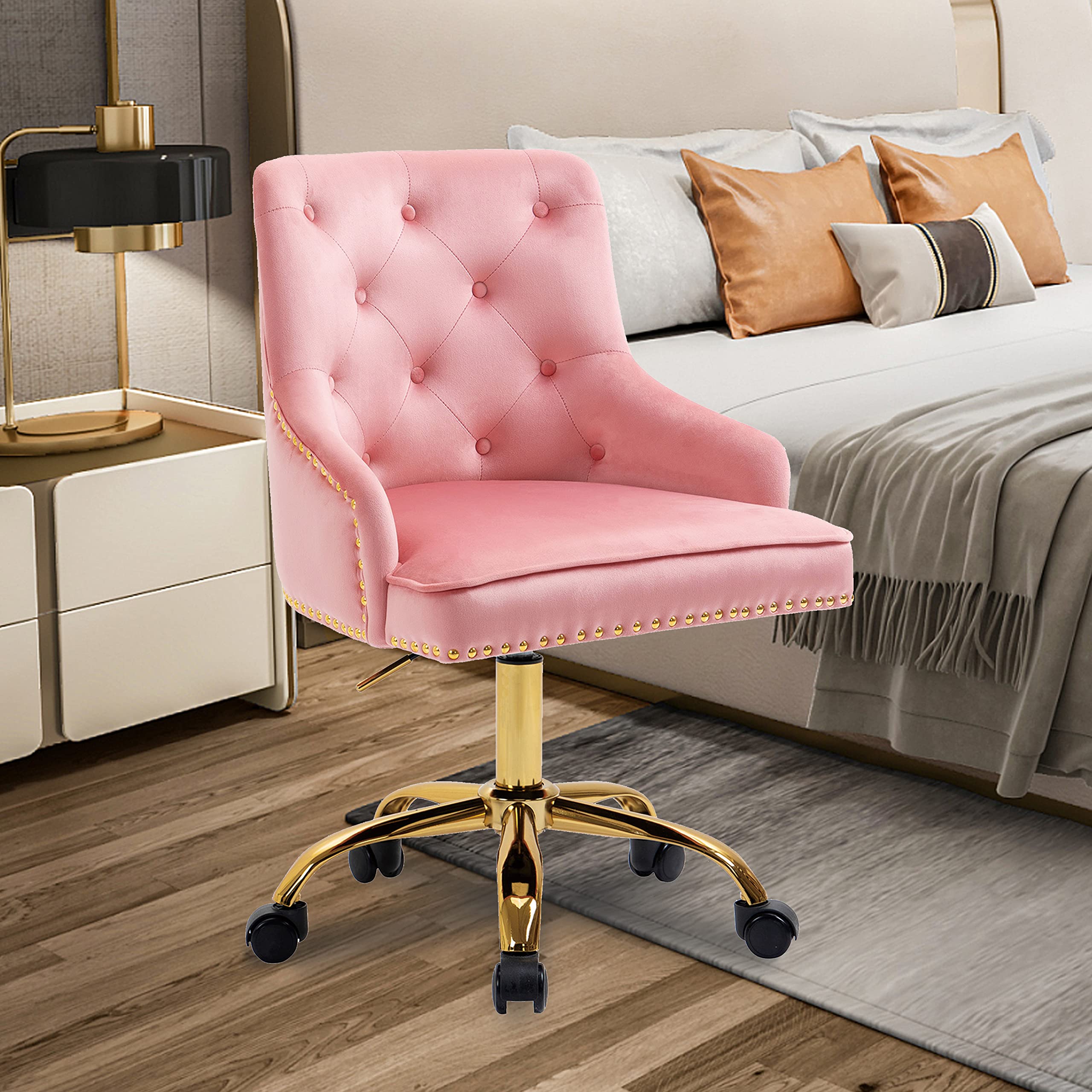 MTFY Modern Velvet Desk Chair - Ergonomic Home Office Computer Chair with 360° Swivel & Golden Legs for Women, Girls, Living Room, Bedroom | Perfect for Working, Studying, Gaming & Vanity Dressing
