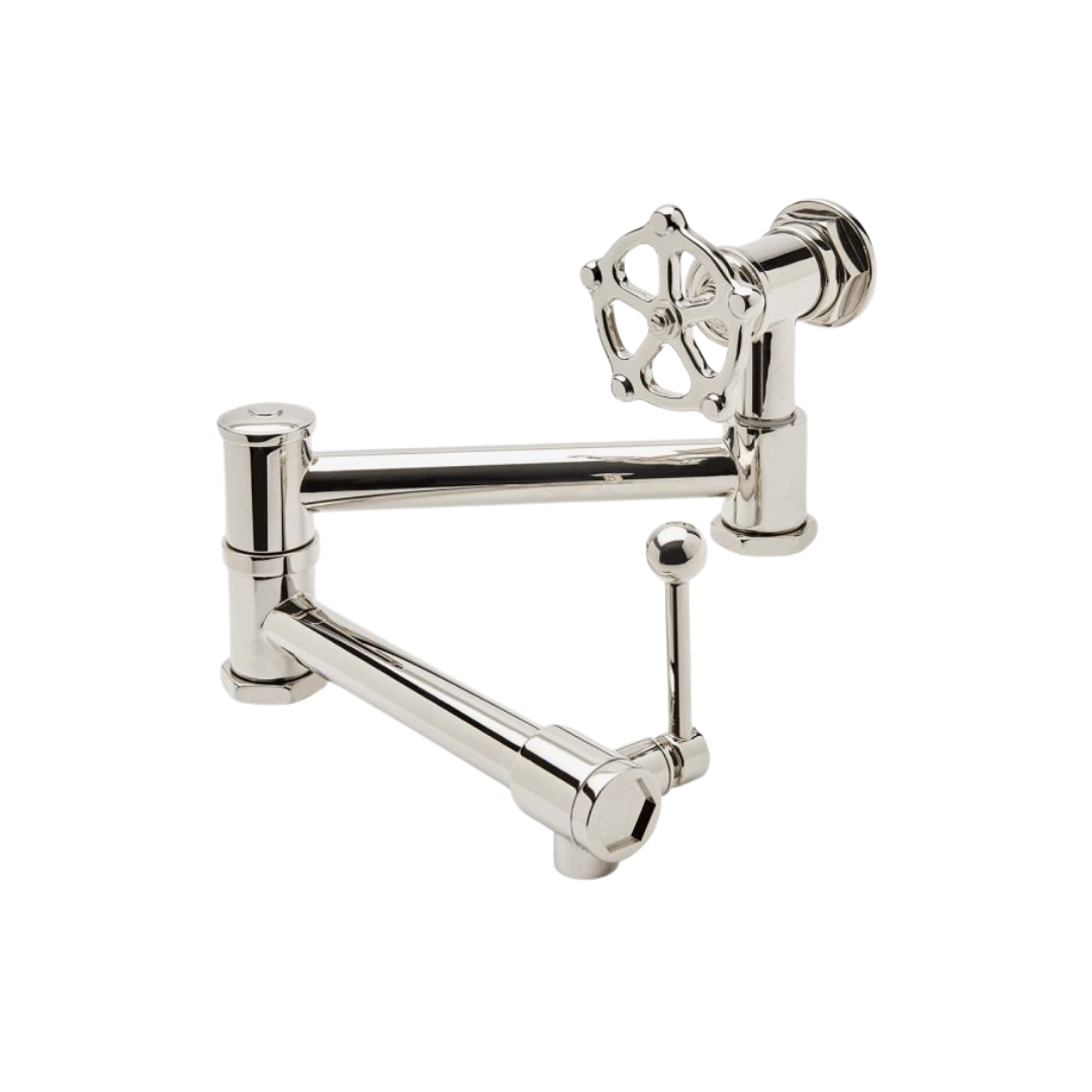 Chrome Wall Mounted Articulated Pot Filler with Metal Wheel & Lever Handle - Perfect for Kitchen Sink, Stove & Cooking Area