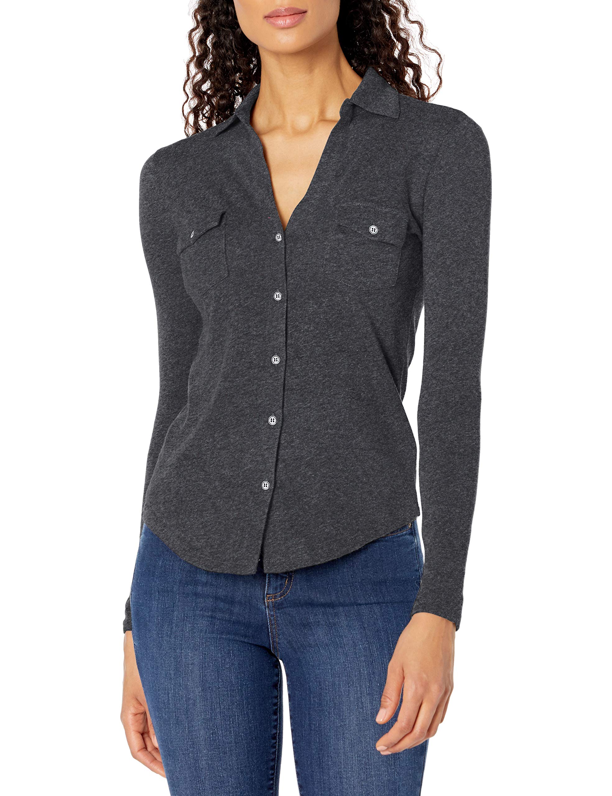 Majestic Filatures Women's Cotton Cashmere Blend Long Sleeve Button Down Shirt with 2 Pockets - Perfect for Office Wear & Casual Outfits