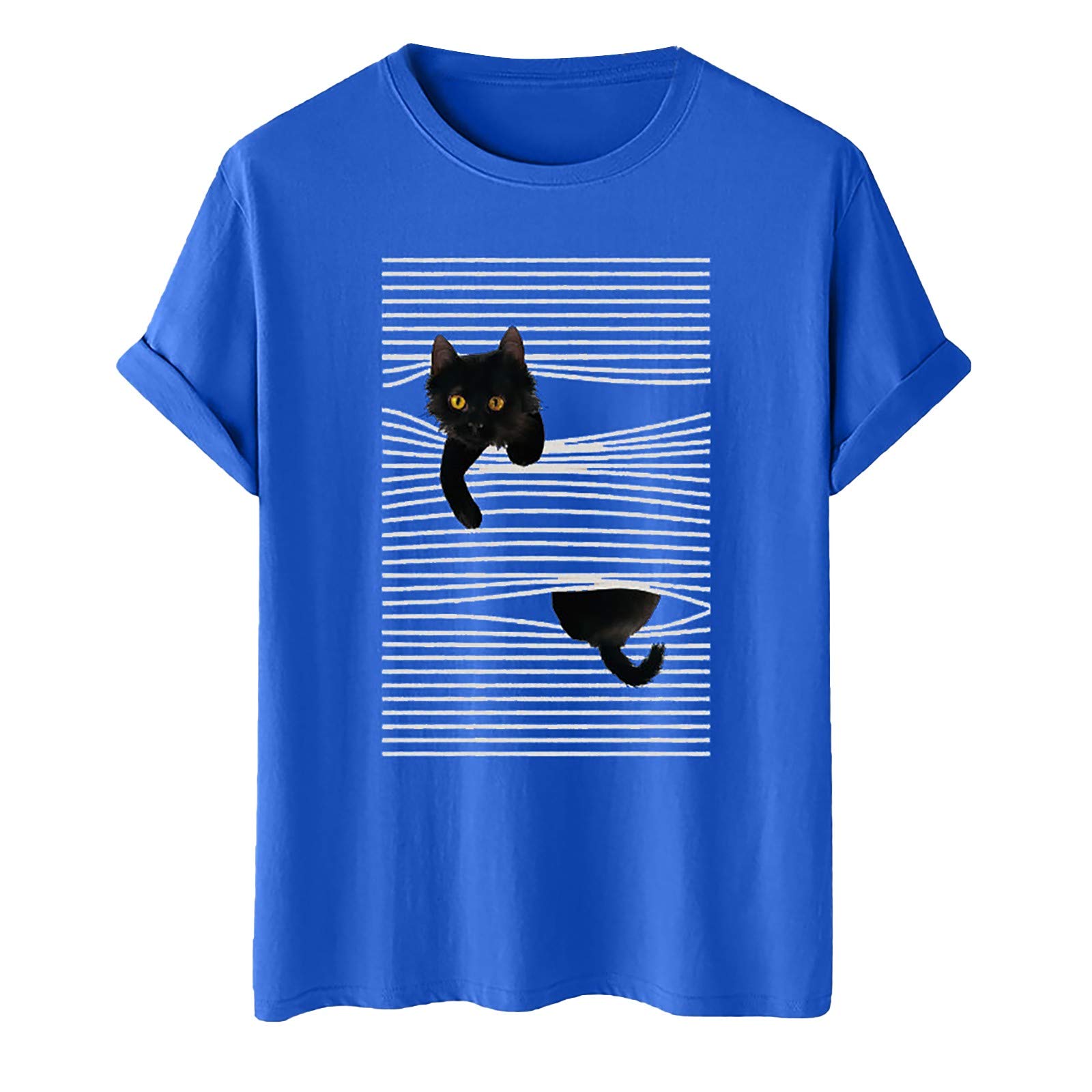 Women's Casual Summer Tops - Plain Crew Neck T-Shirt with Cute Running Cat Print | Comfortable Swing Blouse for Running, Travel & Daily Wear | UK Sizes