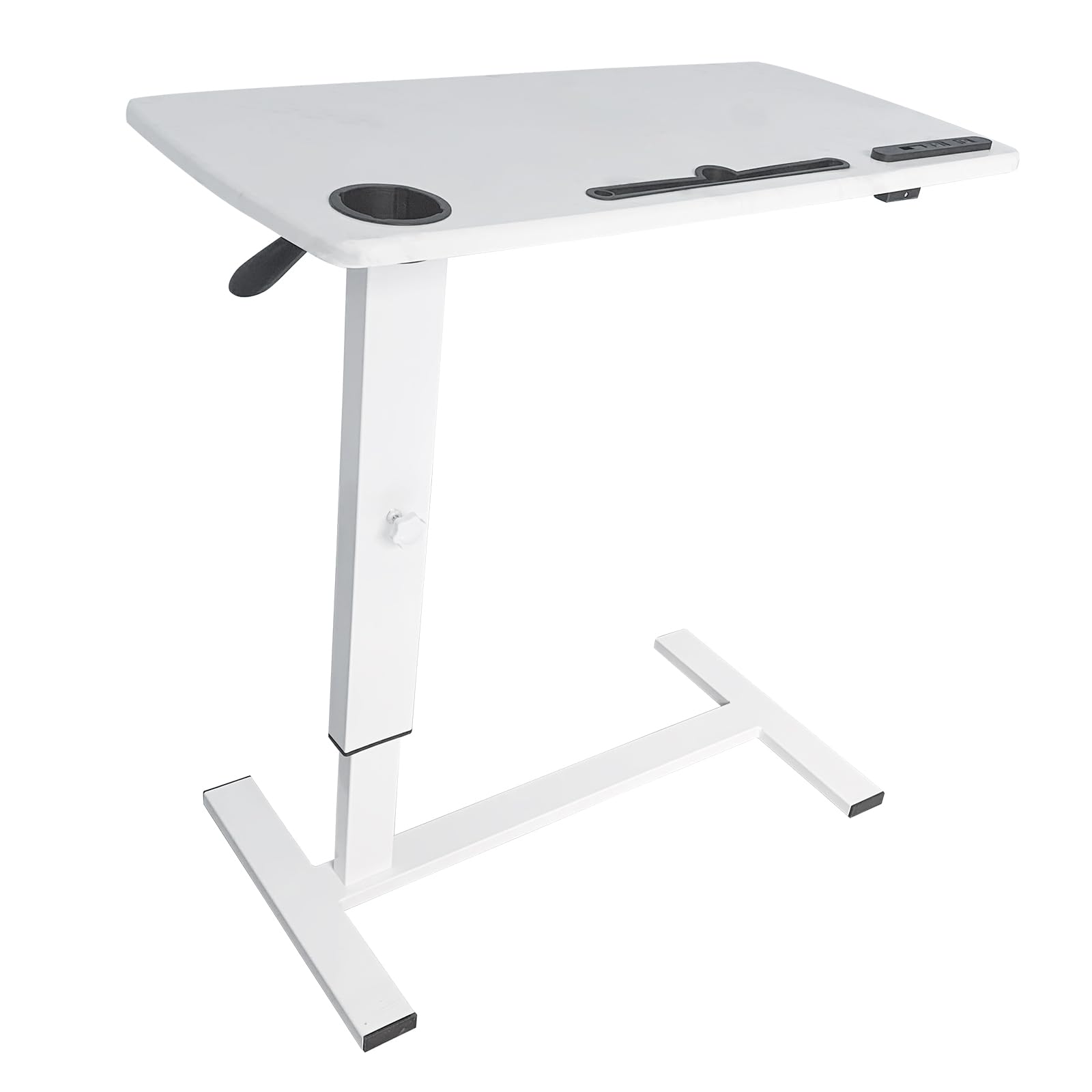 Adjustable Overbed Table with Wheels & USB Port - Pneumatic Height Hospital Bed Table, Mobile Laptop Cart & Rolling Bedside Tray for Home & Medical Use - Perfect for Patients, Students & Remote Workers (White)