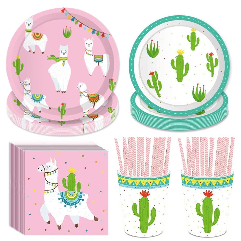 69Pcs Alpaca Cactus Party Tableware Set - Disposable Paper Plates, Napkins, Cups & Straws for Birthday, Wedding, Anniversary - Eco-Friendly Dinnerware for 8 Guests - Perfect for Desert Themed Parties & Outdoor Events