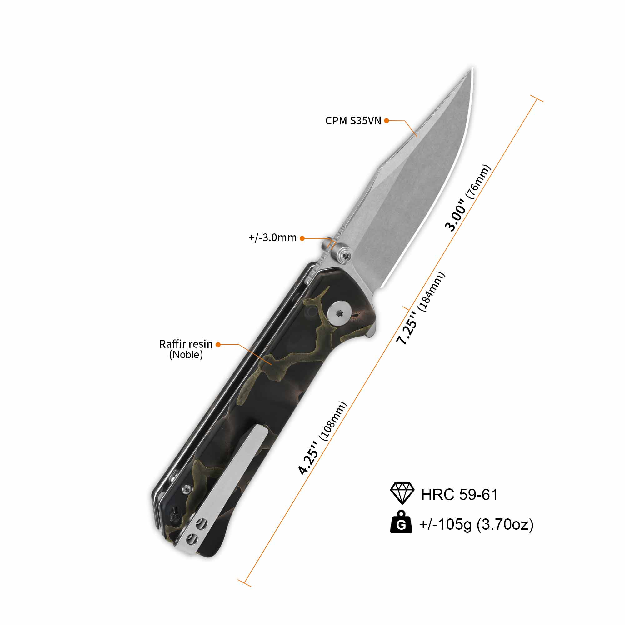 QSP Grebe Button Lock Pocket Knife - S35VN Steel Blade, Raffir Resin Noble Handle - EDC, Outdoor, Camping & Everyday Carry Knife